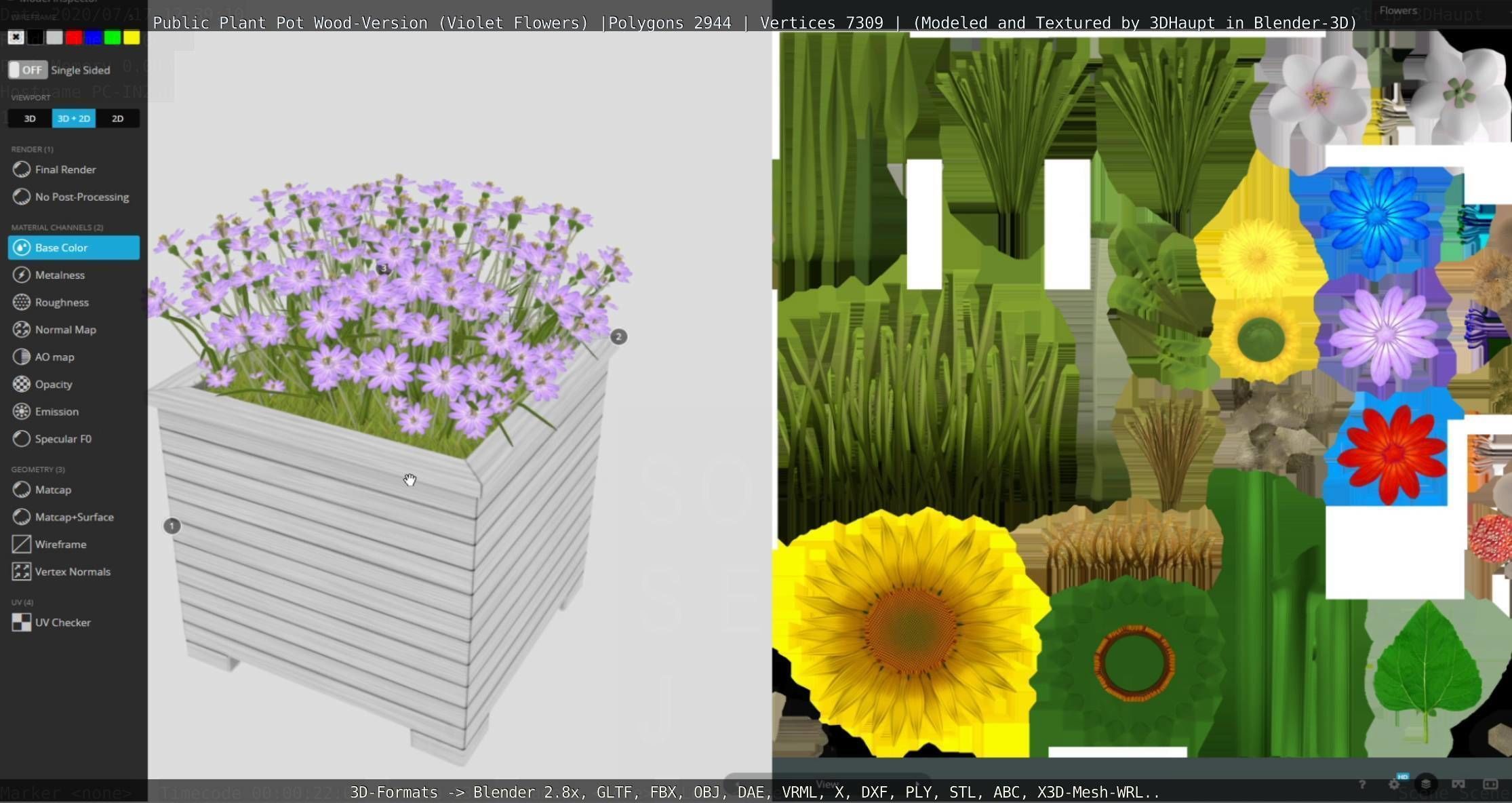Public Plant Pot Wood-Version with Violet Flowers Low-poly 3D model_41