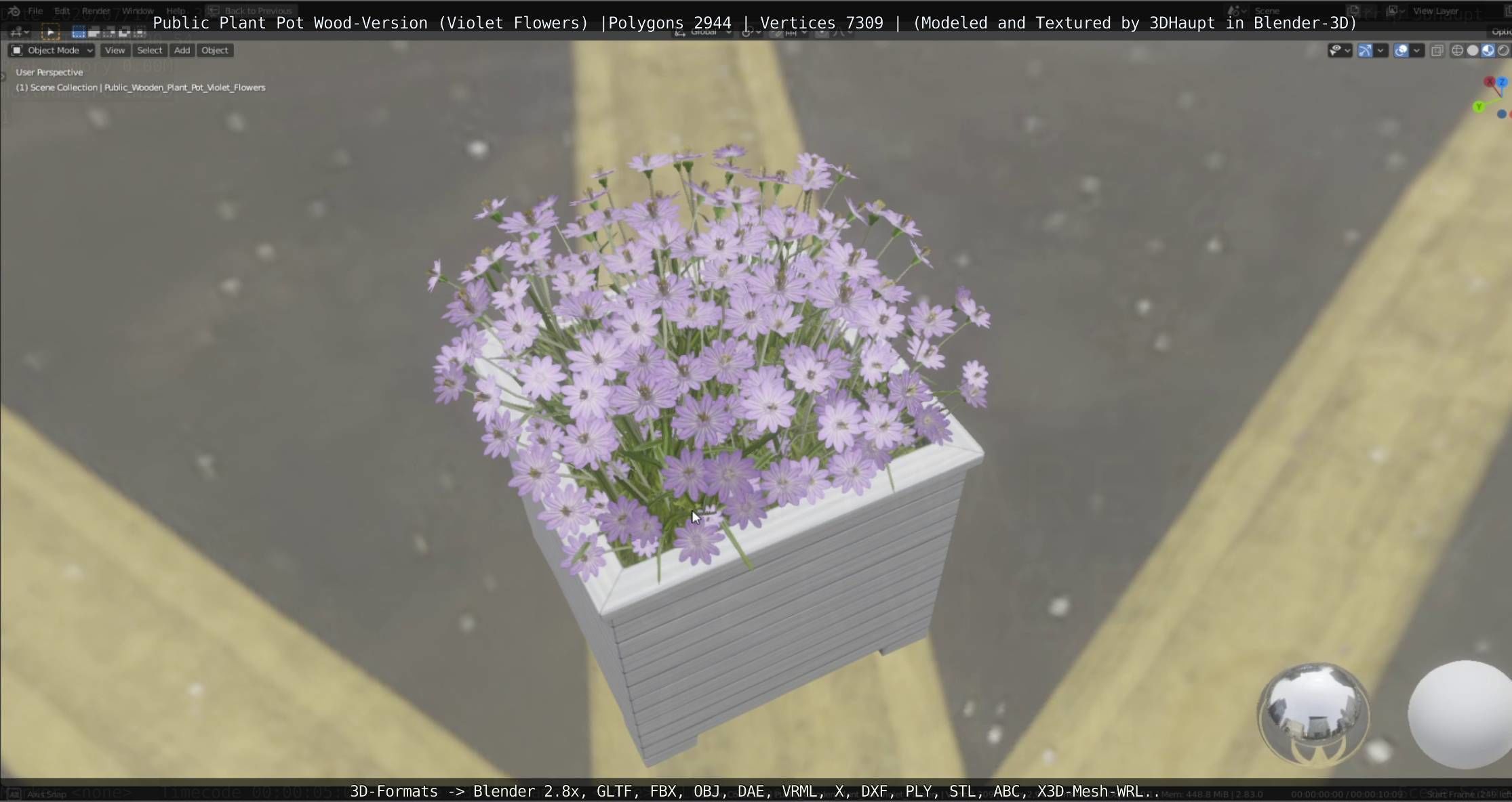 Public Plant Pot Wood-Version with Violet Flowers Low-poly 3D model_19