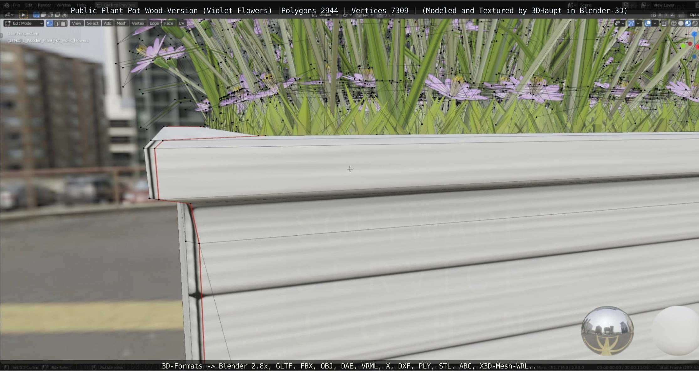 Public Plant Pot Wood-Version with Violet Flowers Low-poly 3D model_63