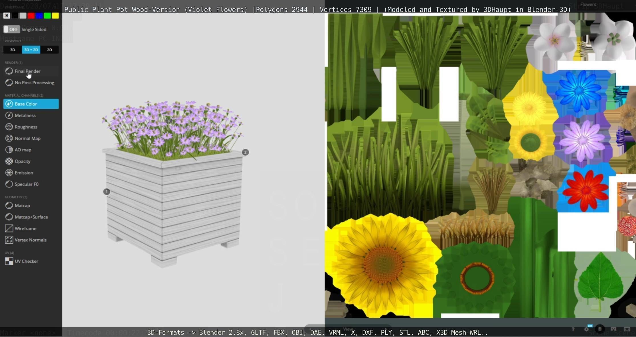 Public Plant Pot Wood-Version with Violet Flowers Low-poly 3D model_38