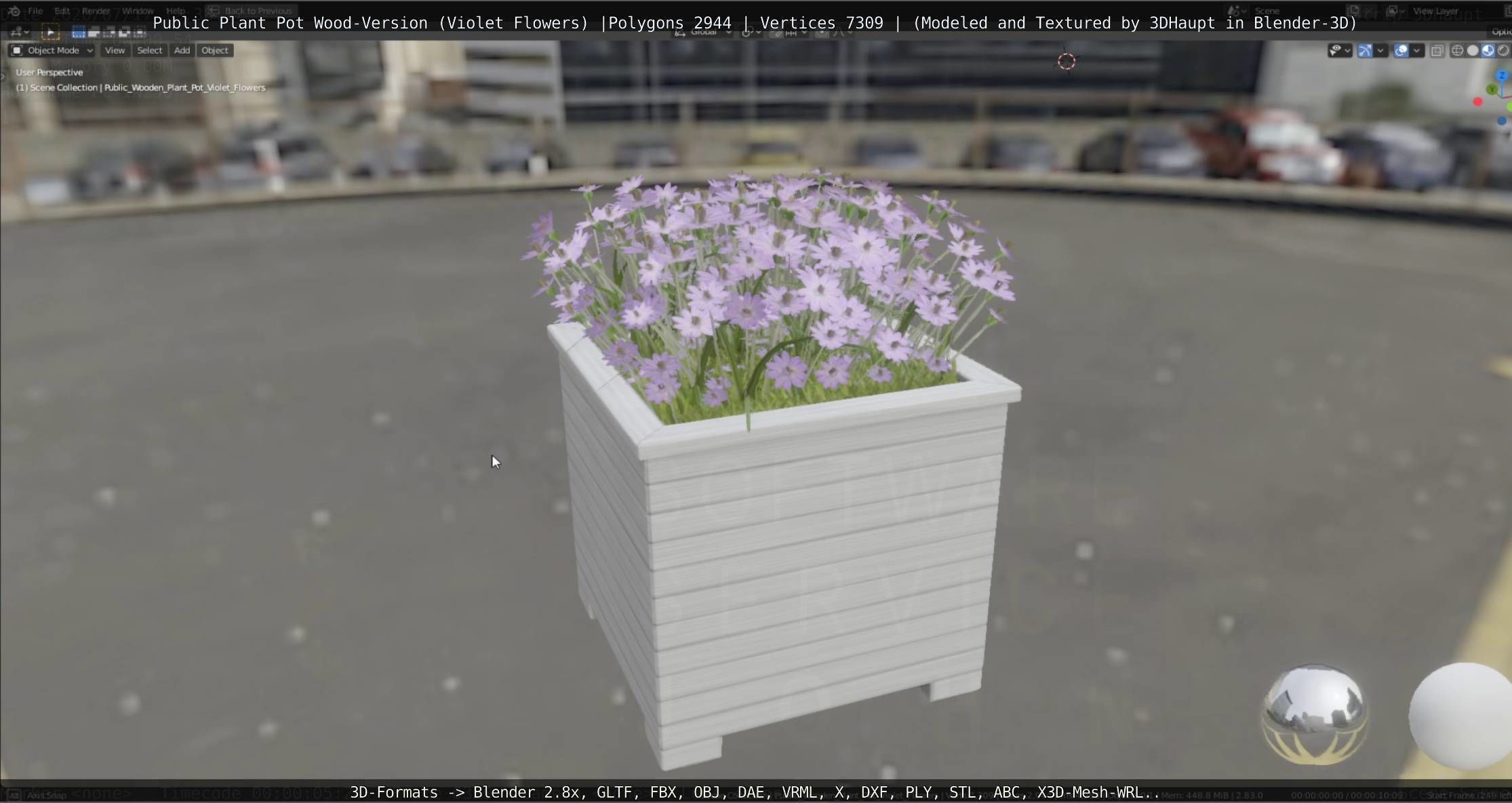 Public Plant Pot Wood-Version with Violet Flowers Low-poly 3D model_21