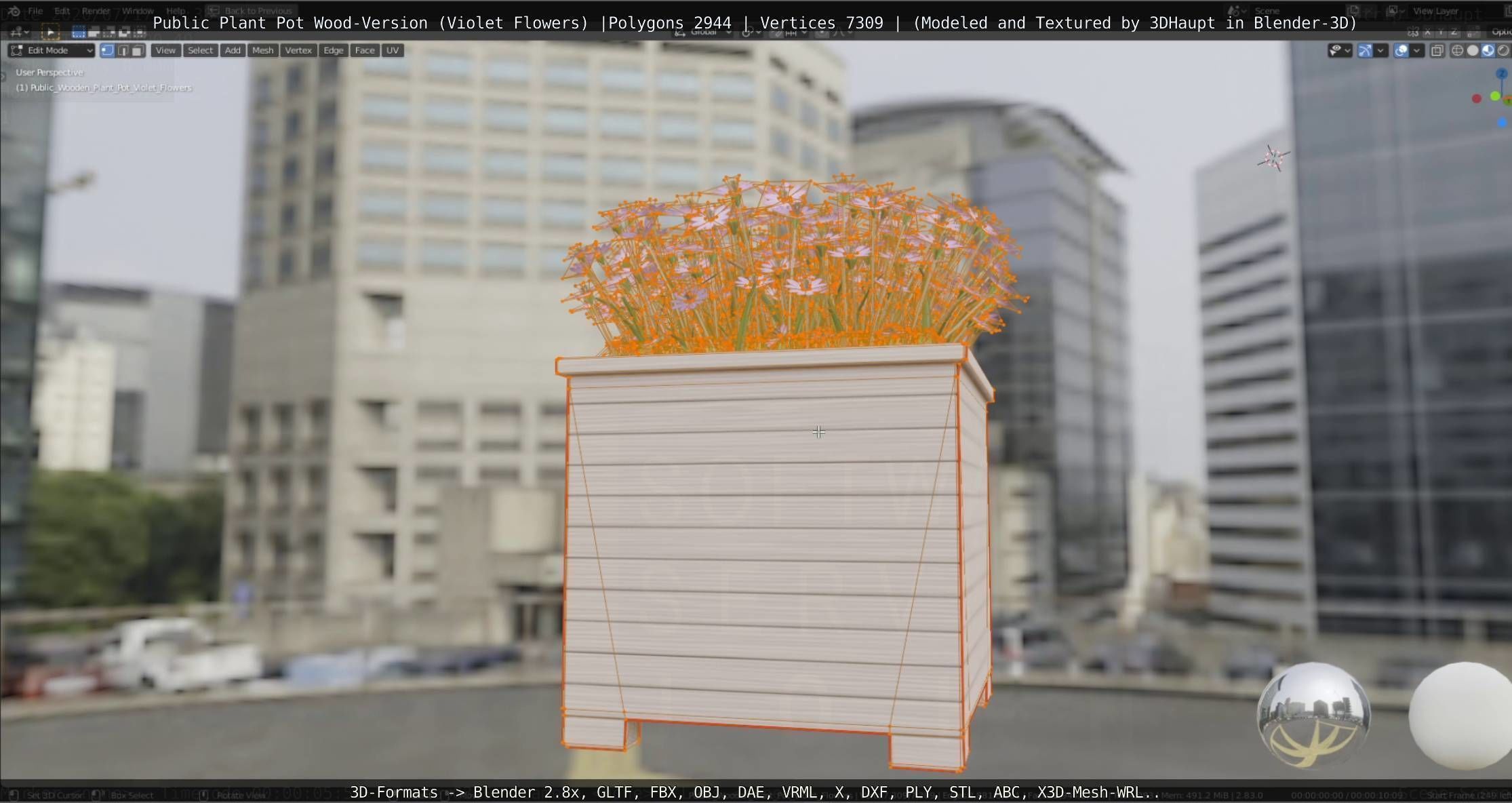 Public Plant Pot Wood-Version with Violet Flowers Low-poly 3D model_56