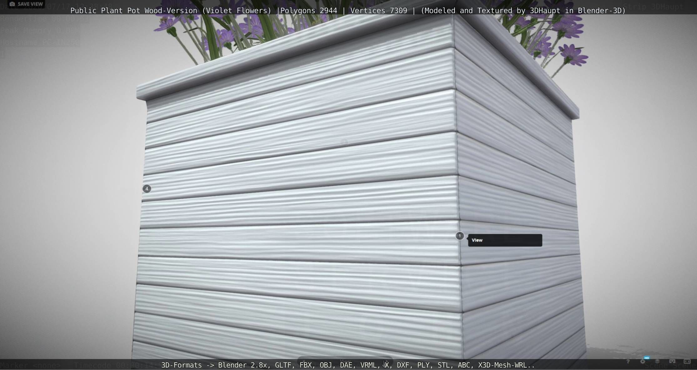 Public Plant Pot Wood-Version with Violet Flowers Low-poly 3D model_109