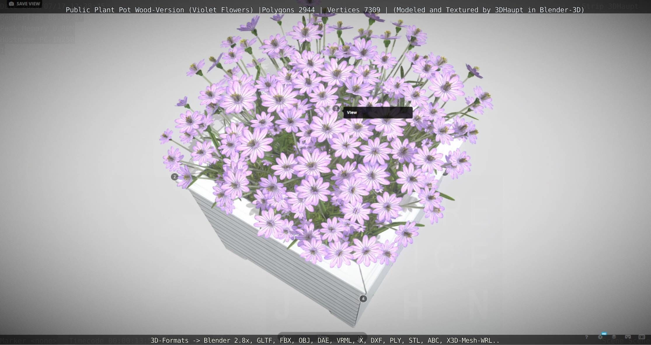 Public Plant Pot Wood-Version with Violet Flowers Low-poly 3D model_102