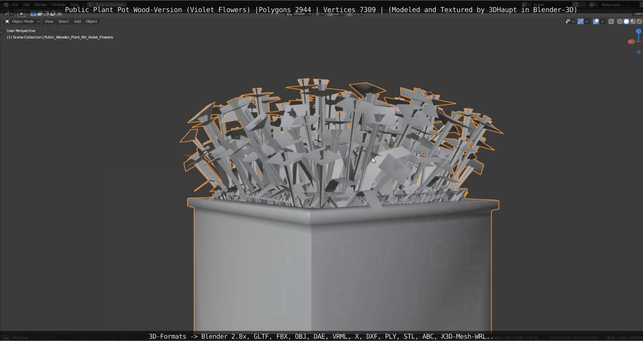 Public Plant Pot Wood-Version with Violet Flowers Low-poly 3D model_86