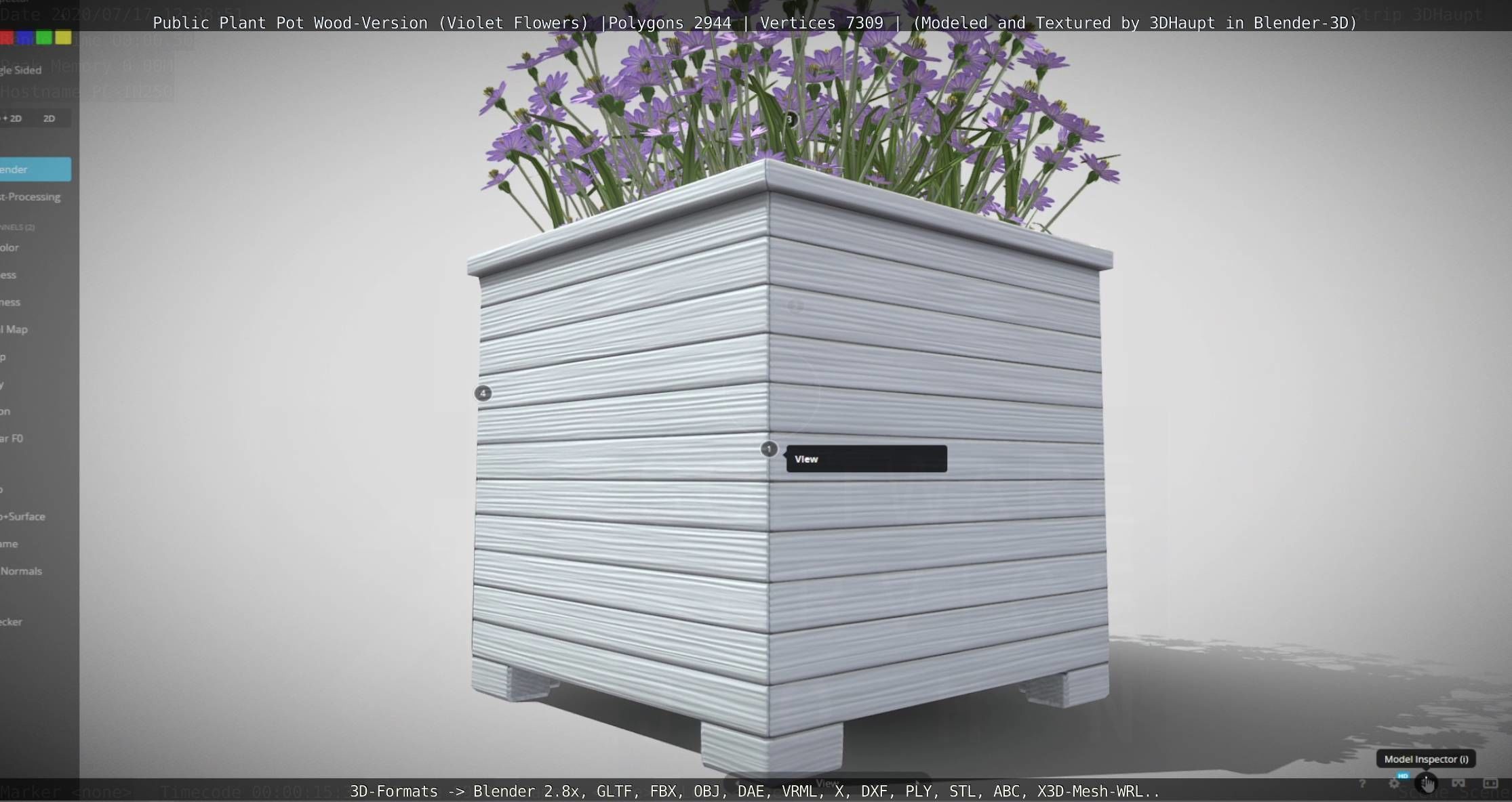 Public Plant Pot Wood-Version with Violet Flowers Low-poly 3D model_113