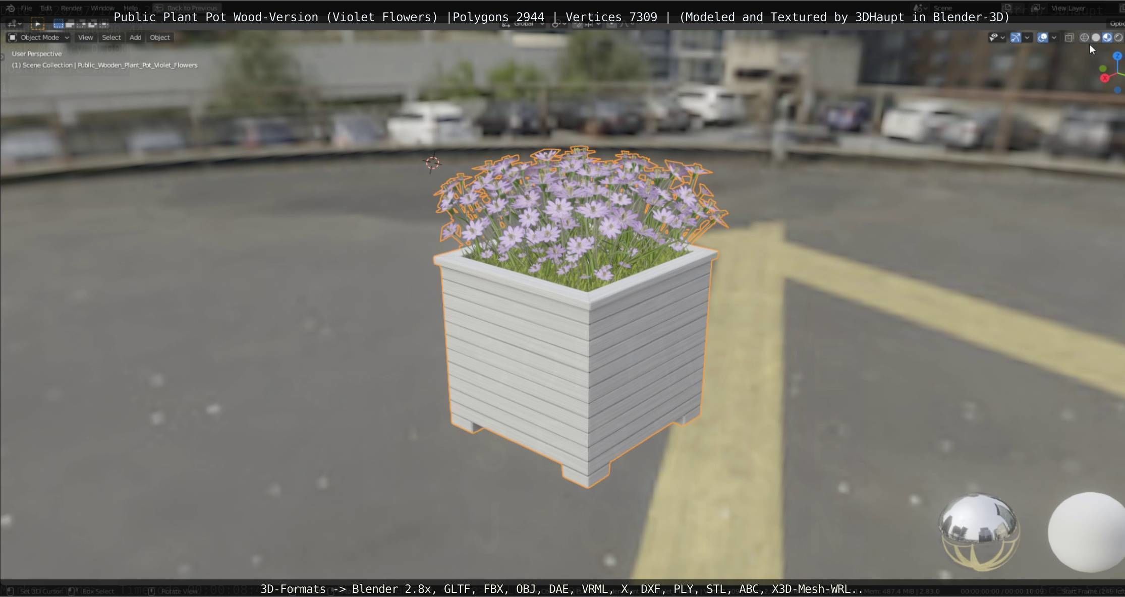 Public Plant Pot Wood-Version with Violet Flowers Low-poly 3D model_73