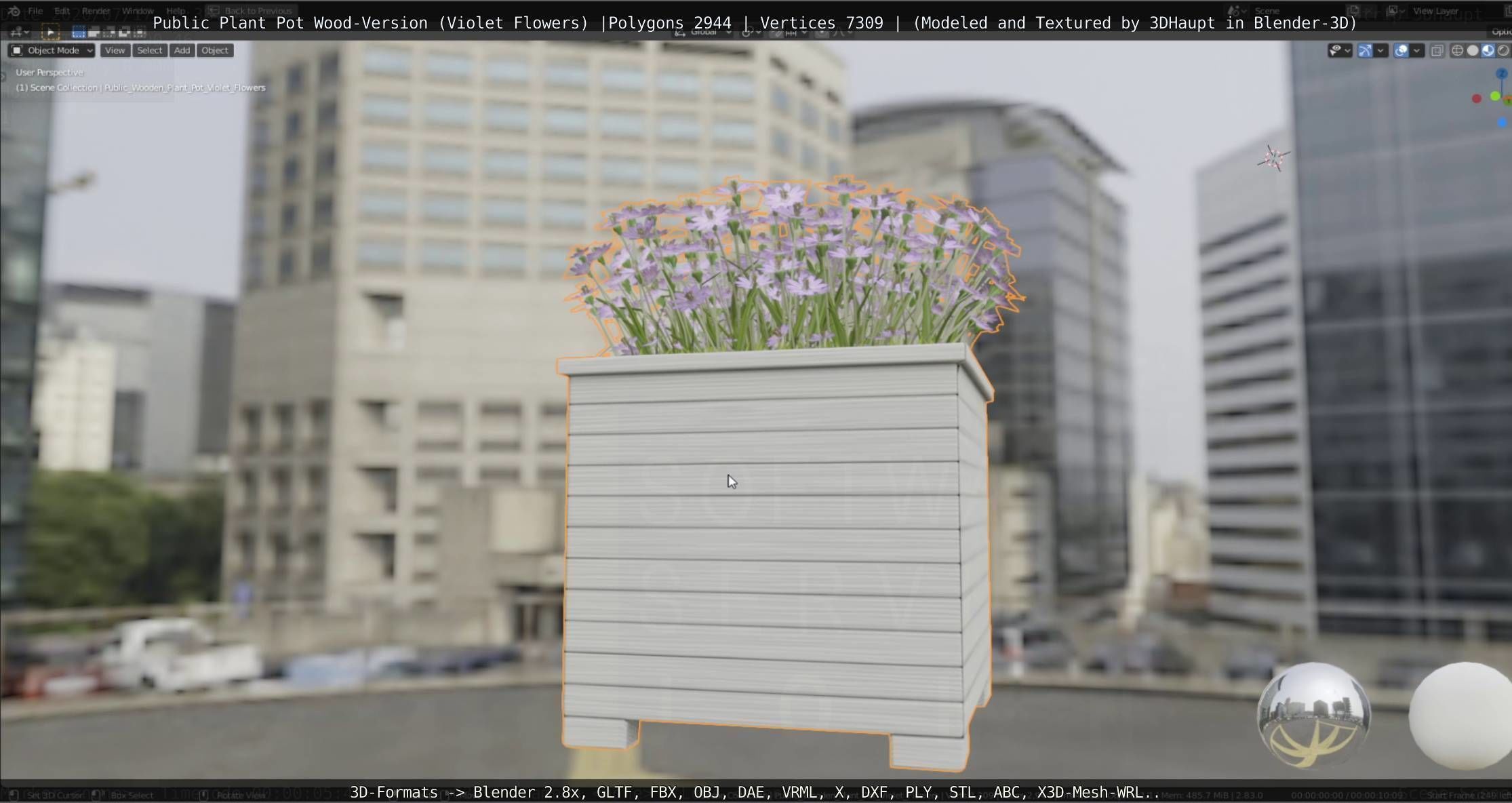 Public Plant Pot Wood-Version with Violet Flowers Low-poly 3D model_54