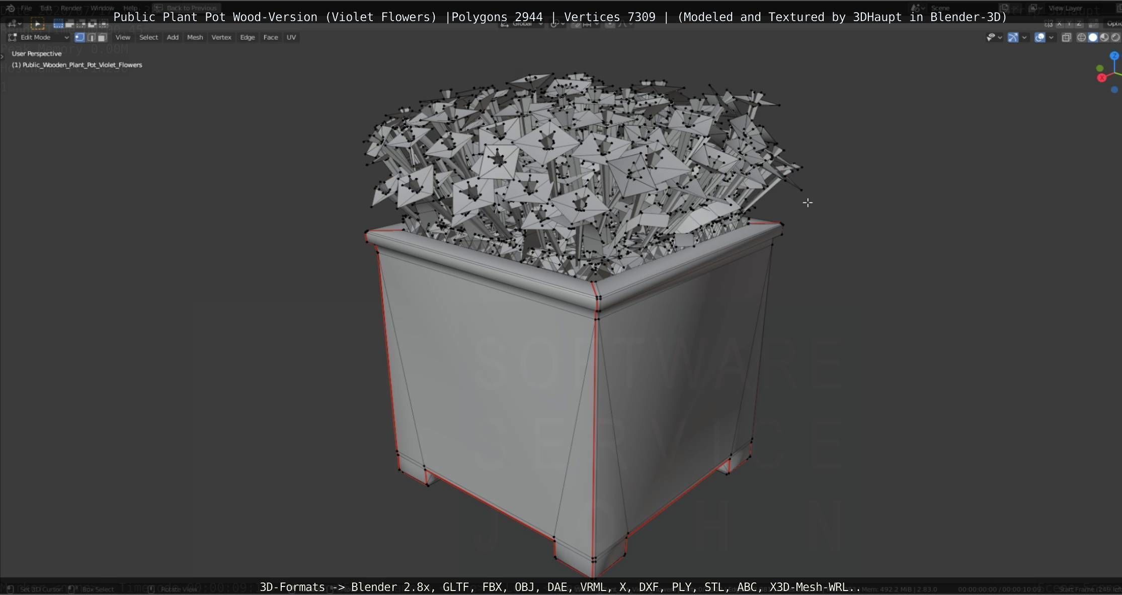 Public Plant Pot Wood-Version with Violet Flowers Low-poly 3D model_75