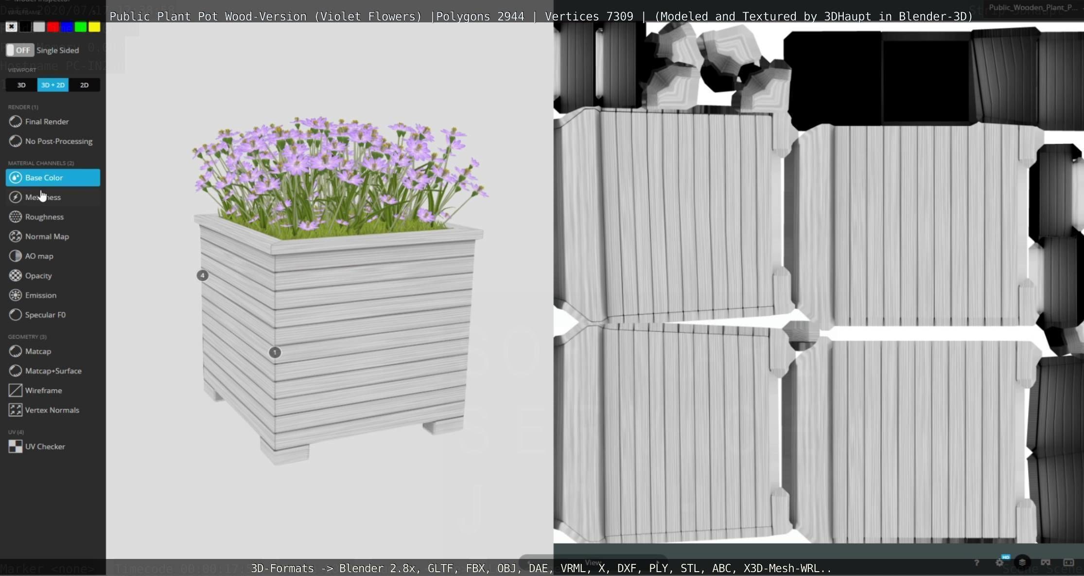 Public Plant Pot Wood-Version with Violet Flowers Low-poly 3D model_50