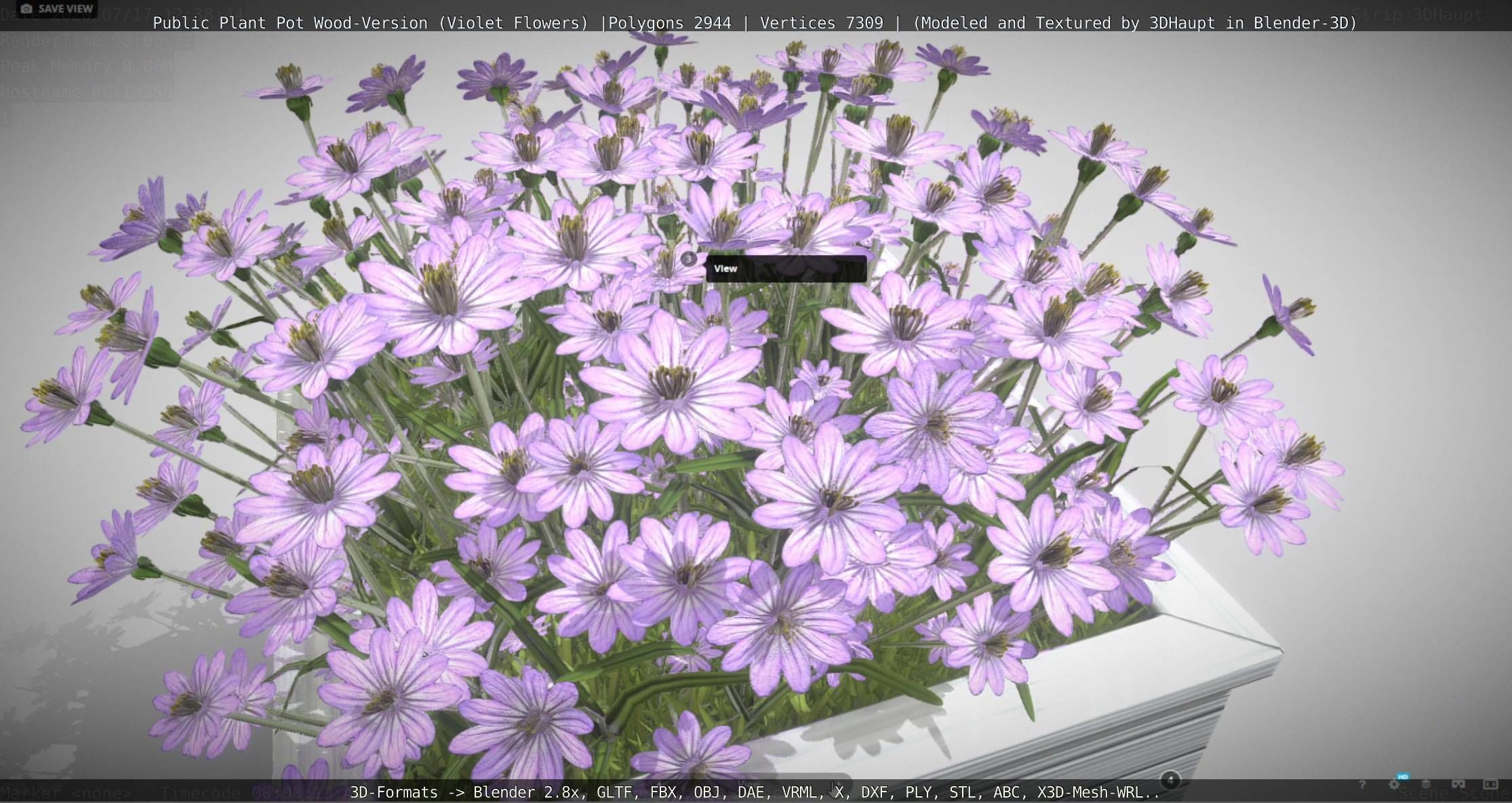 Public Plant Pot Wood-Version with Violet Flowers Low-poly 3D model_103