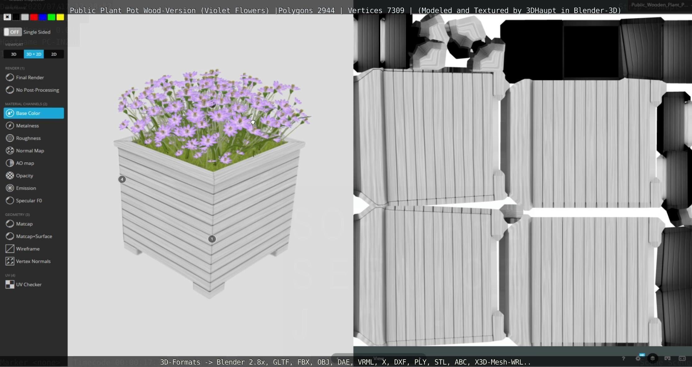 Public Plant Pot Wood-Version with Violet Flowers Low-poly 3D model_31
