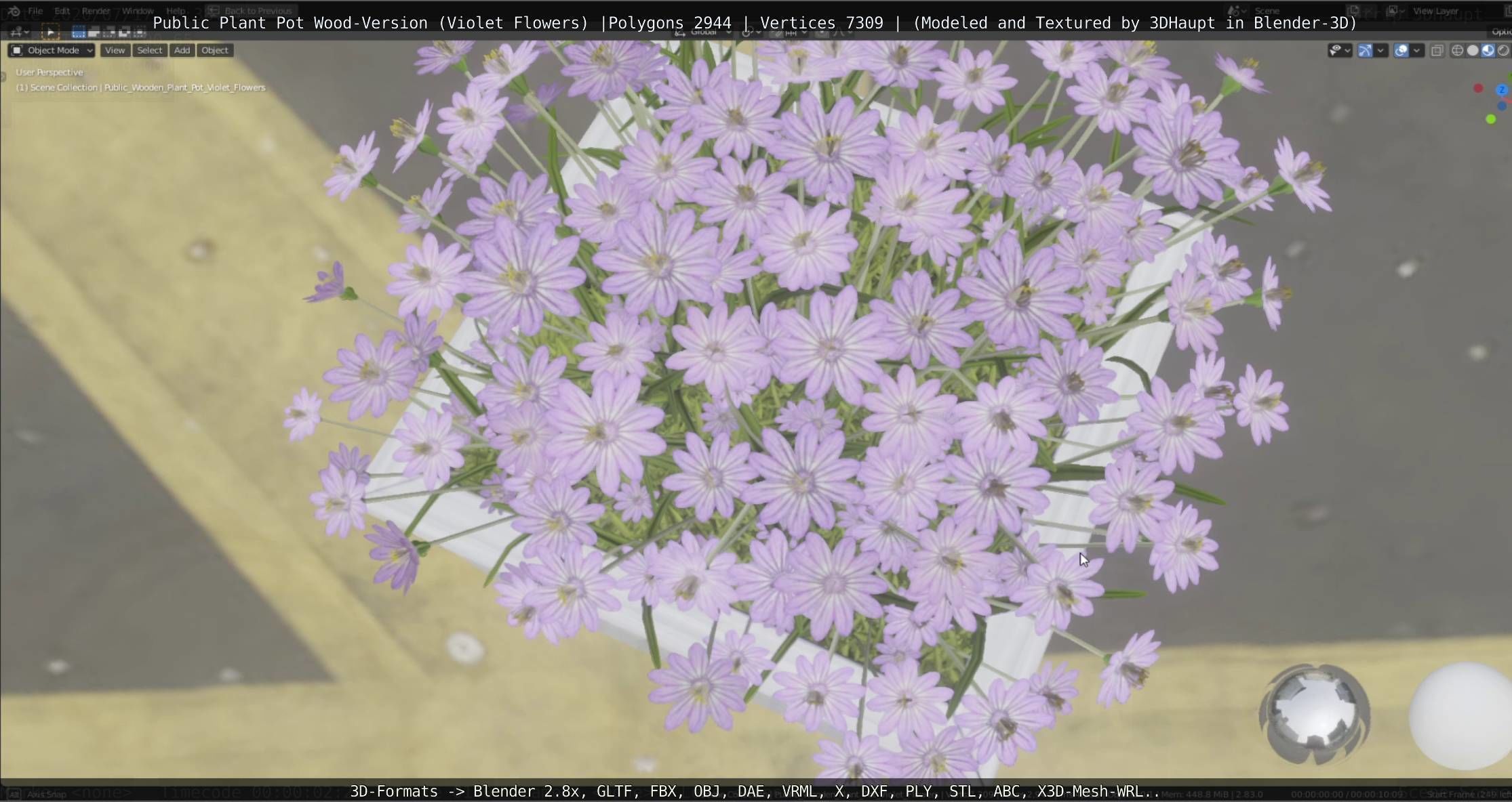 Public Plant Pot Wood-Version with Violet Flowers Low-poly 3D model_4