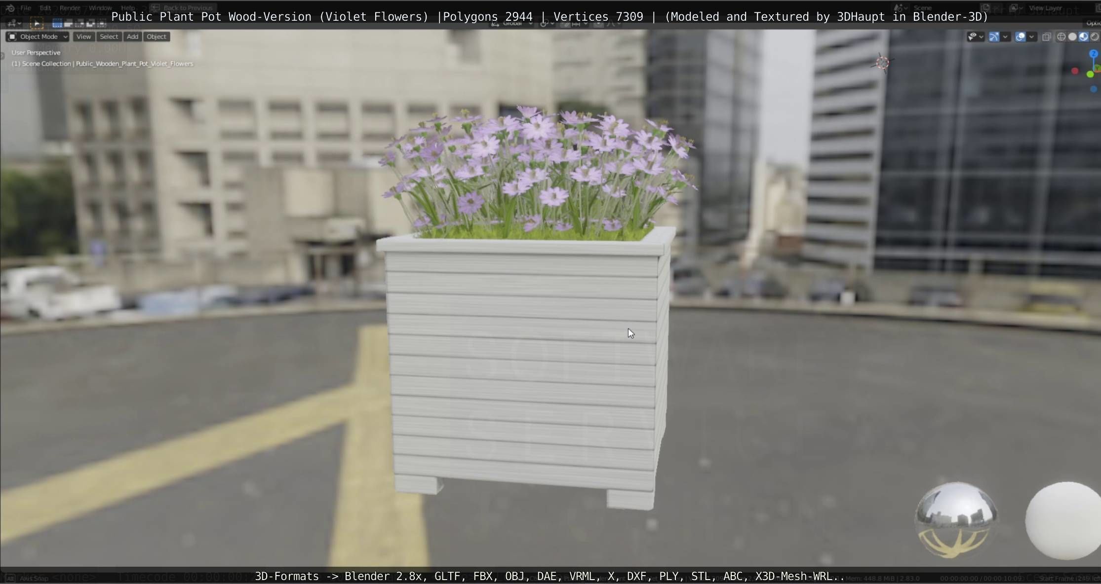 Public Plant Pot Wood-Version with Violet Flowers Low-poly 3D model_2