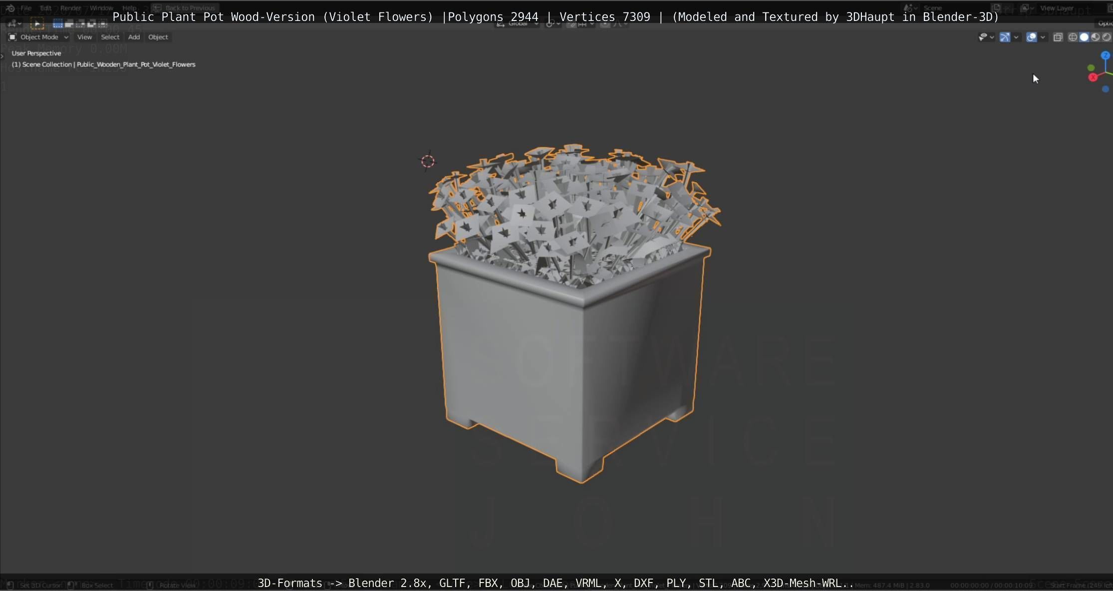 Public Plant Pot Wood-Version with Violet Flowers Low-poly 3D model_74