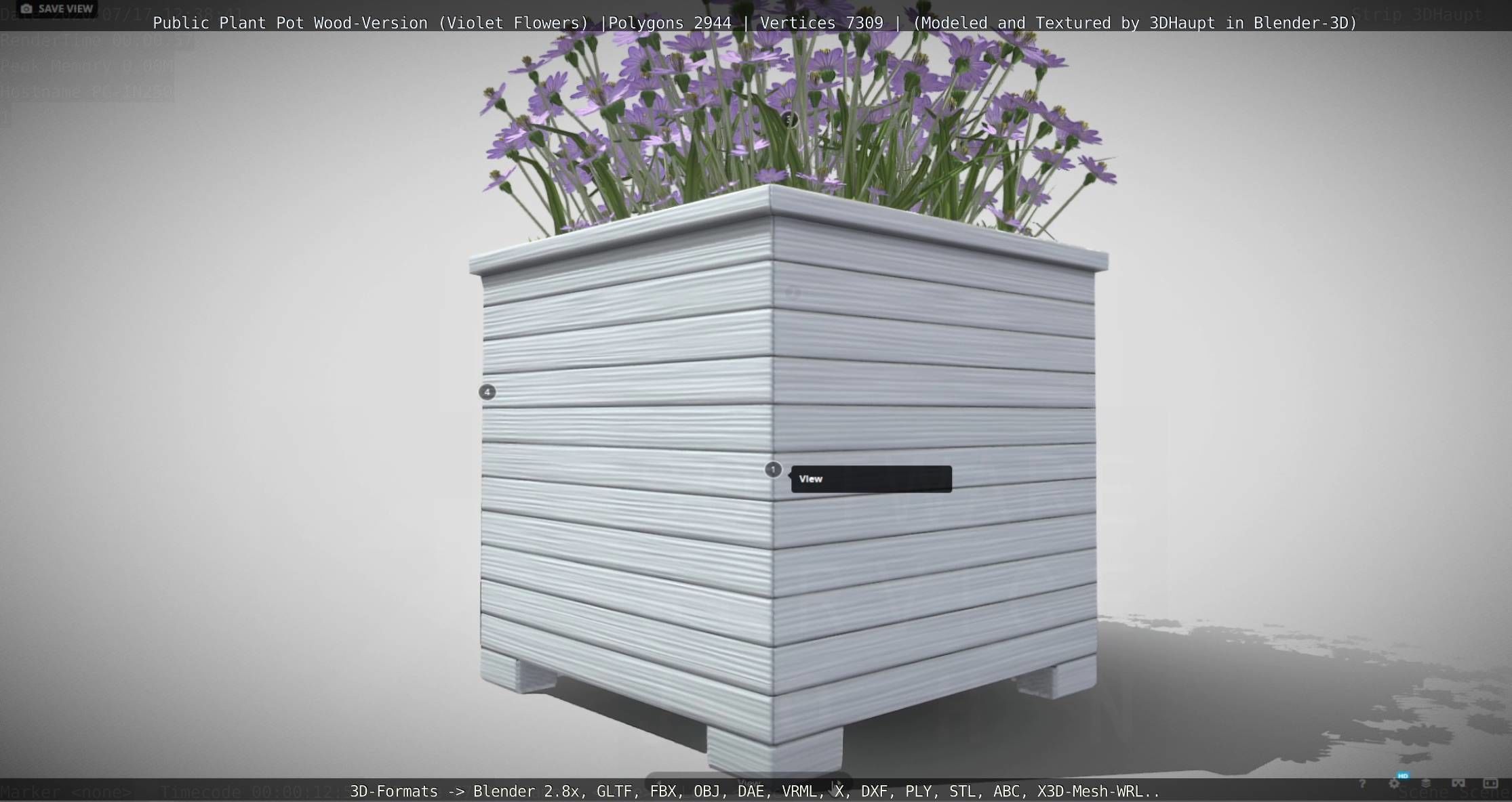 Public Plant Pot Wood-Version with Violet Flowers Low-poly 3D model_97