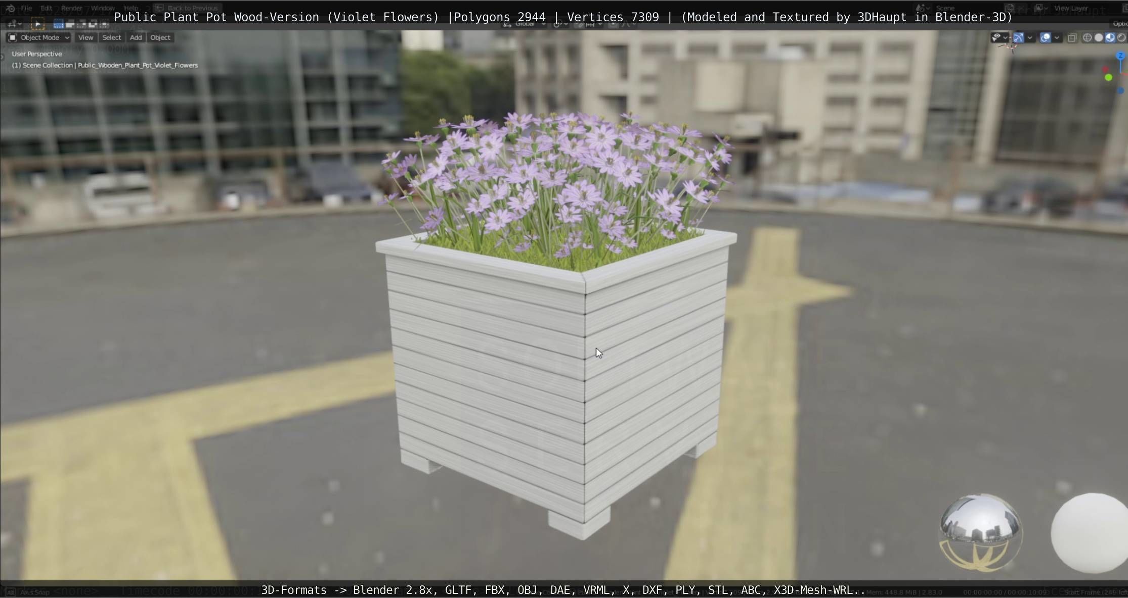 Public Plant Pot Wood-Version with Violet Flowers Low-poly 3D model_47