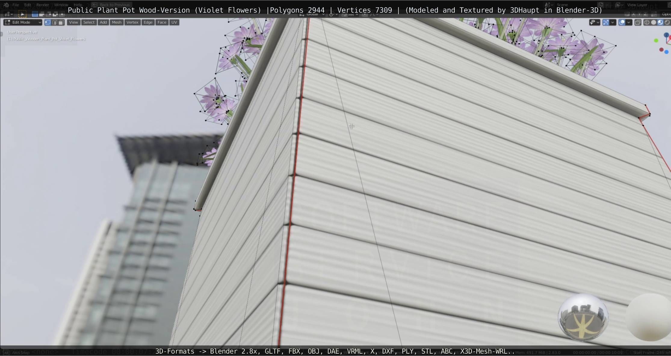 Public Plant Pot Wood-Version with Violet Flowers Low-poly 3D model_64