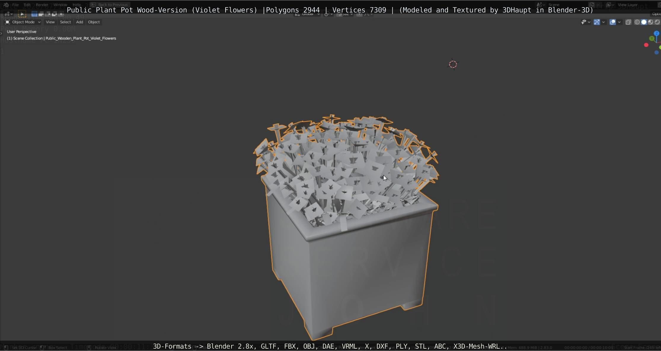 Public Plant Pot Wood-Version with Violet Flowers Low-poly 3D model_87