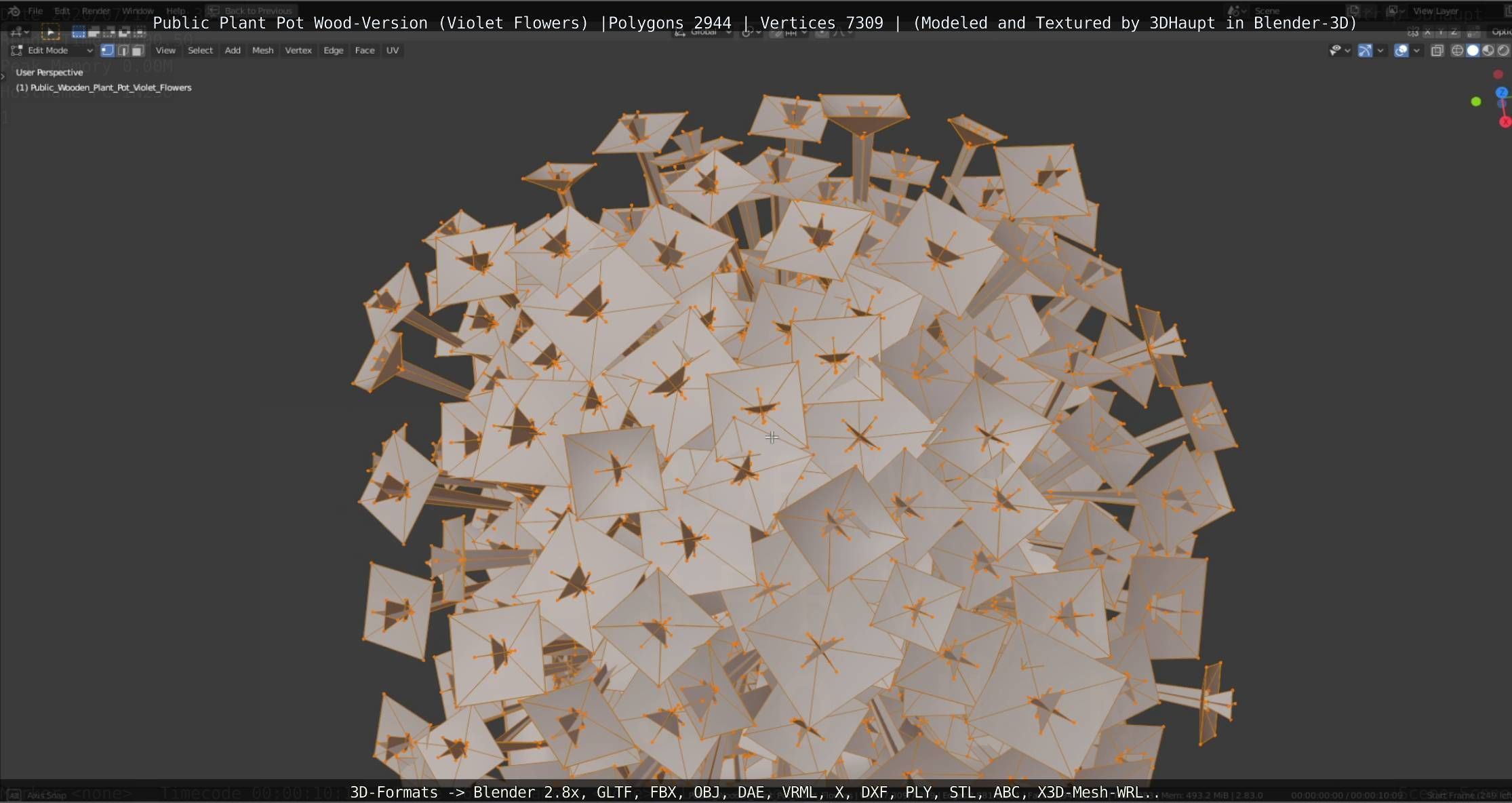 Public Plant Pot Wood-Version with Violet Flowers Low-poly 3D model_83