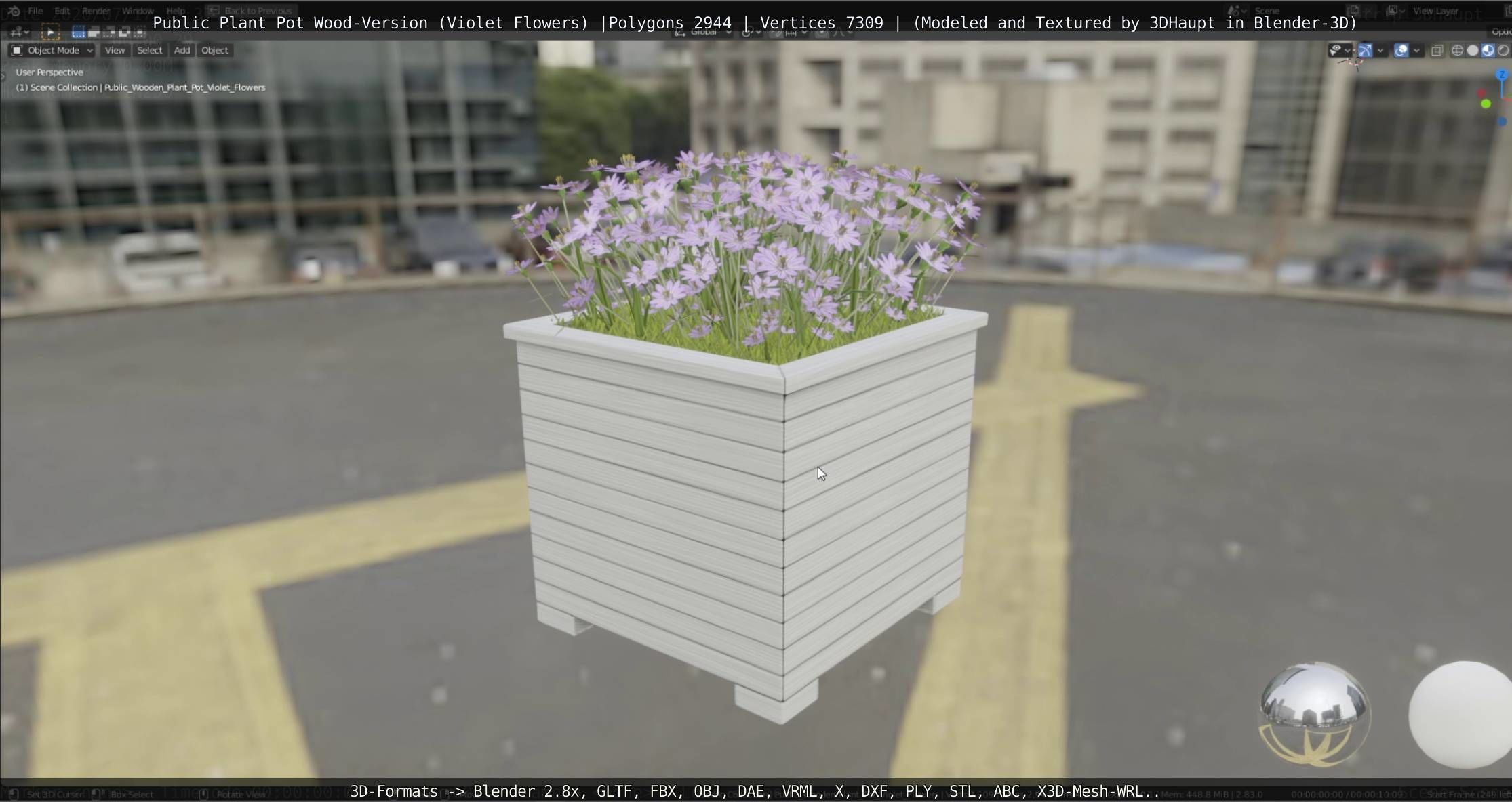 Public Plant Pot Wood-Version with Violet Flowers Low-poly 3D model_46