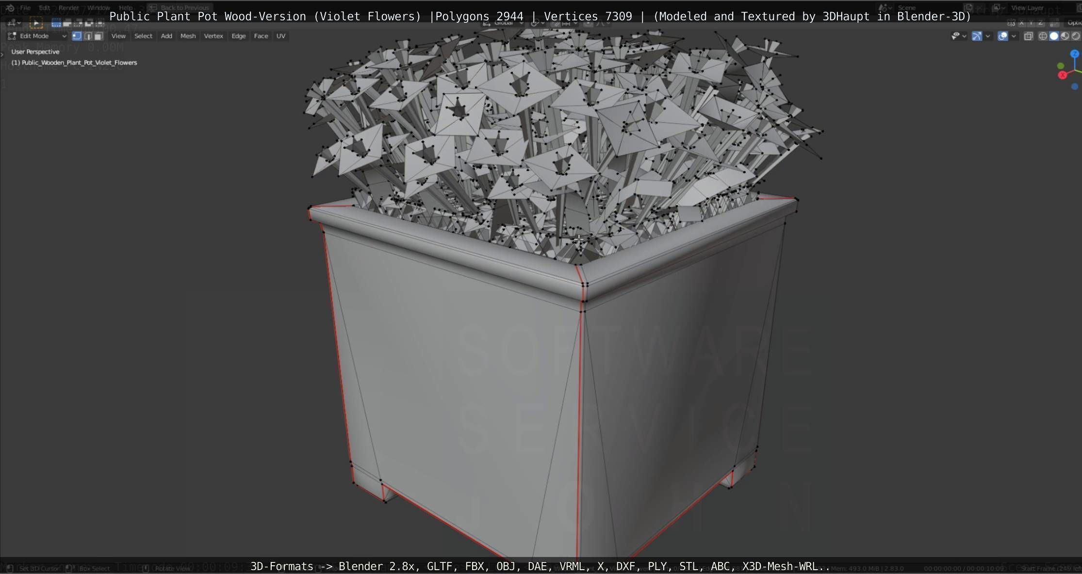 Public Plant Pot Wood-Version with Violet Flowers Low-poly 3D model_77