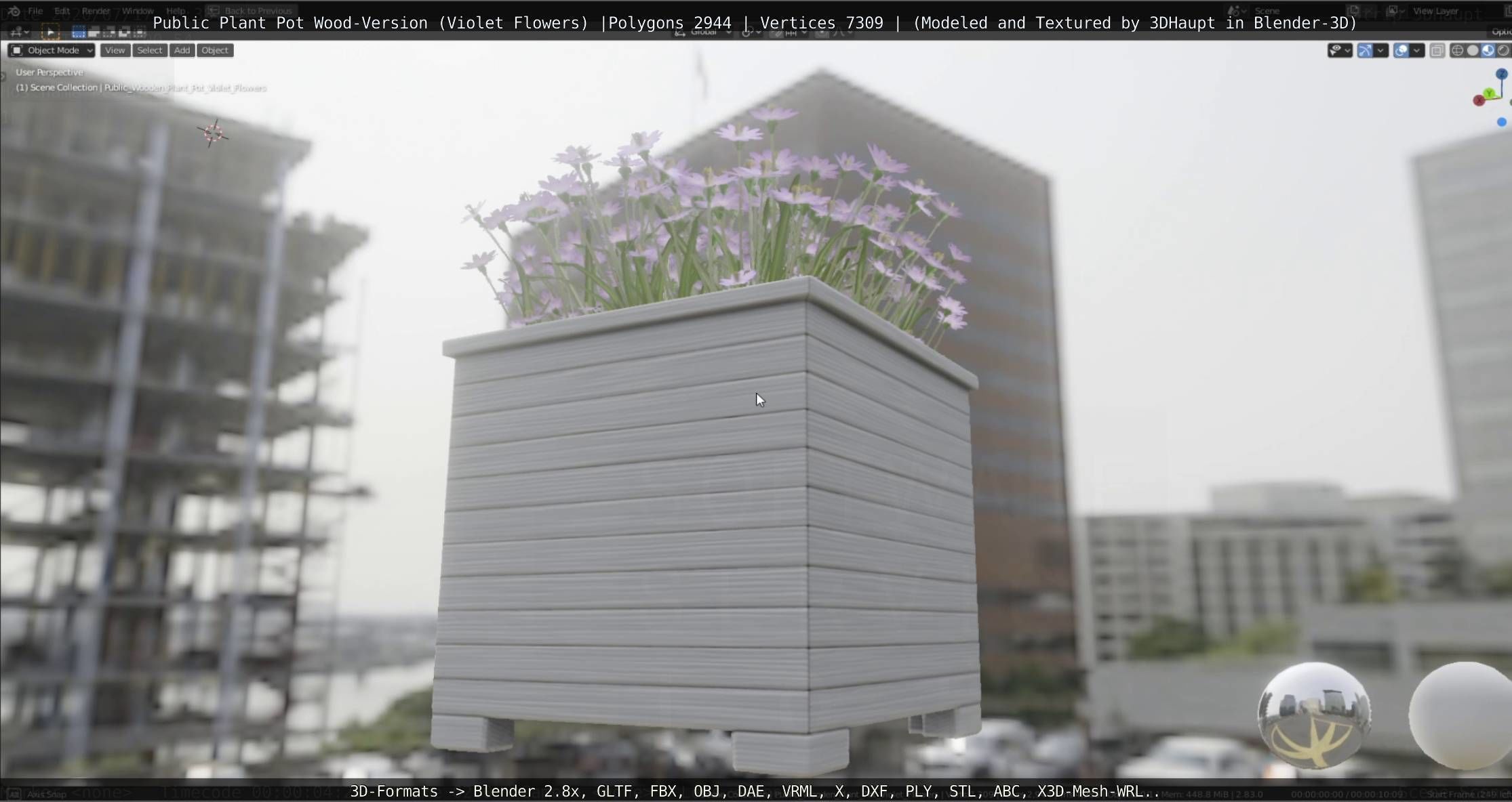 Public Plant Pot Wood-Version with Violet Flowers Low-poly 3D model_15