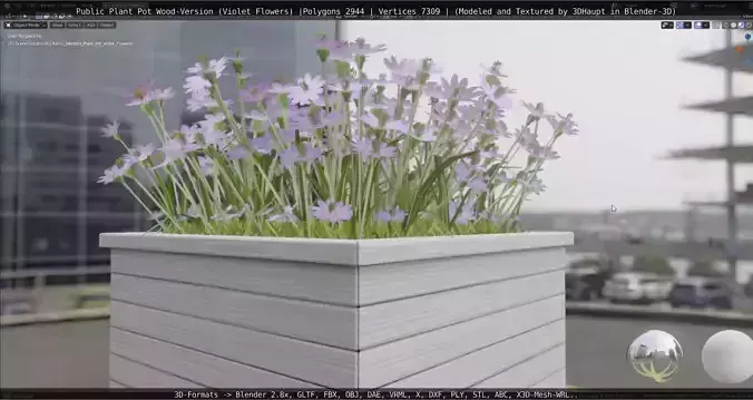 Public Plant Pot Wood-Version with Violet Flowers  Low-poly 3D model