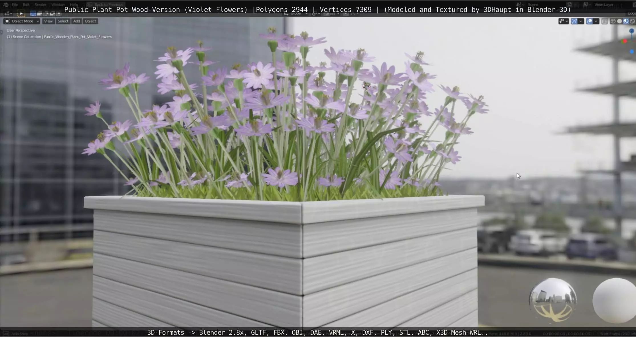 Public Plant Pot Wood-Version with Violet Flowers Low-poly 3D model_0