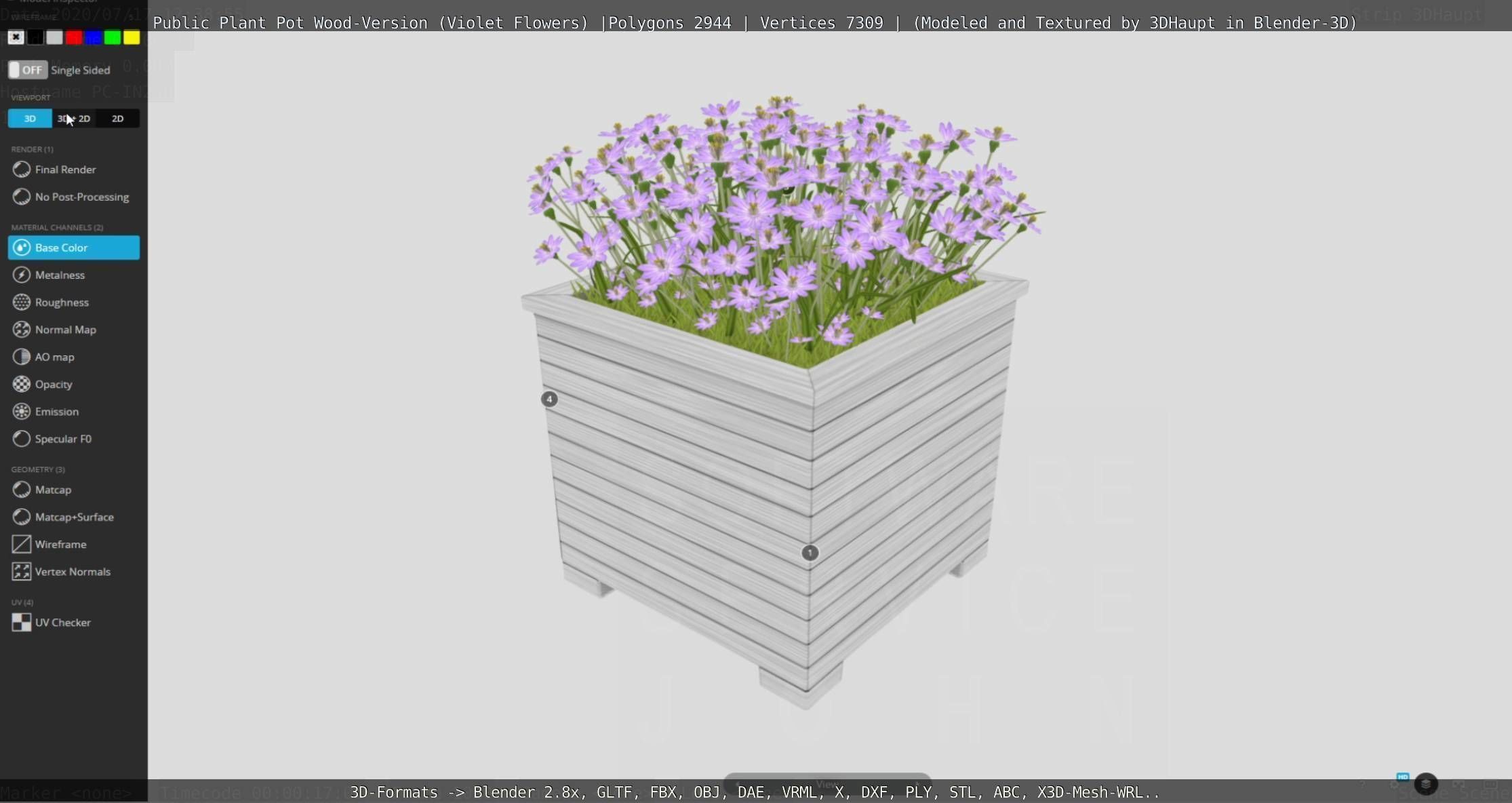 Public Plant Pot Wood-Version with Violet Flowers Low-poly 3D model_122
