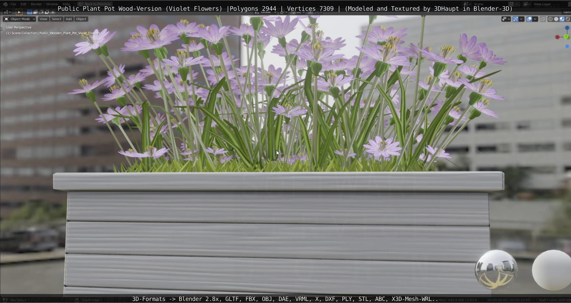 Public Plant Pot Wood-Version with Violet Flowers Low-poly 3D model_10