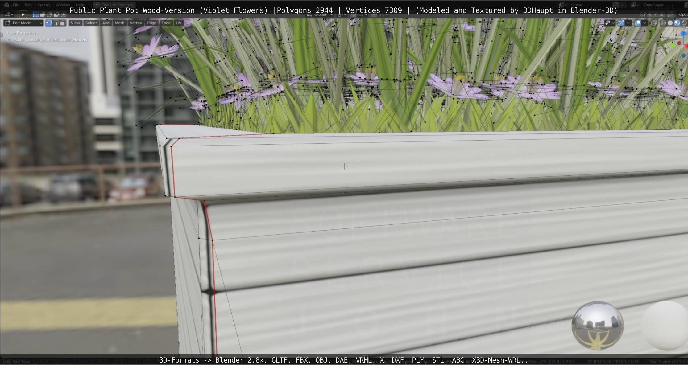 Public Plant Pot Wood-Version with Violet Flowers Low-poly 3D model_61