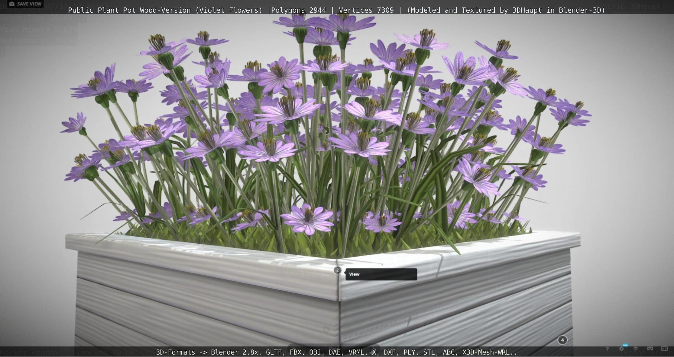Public Plant Pot Wood-Version with Violet Flowers Low-poly 3D model_100
