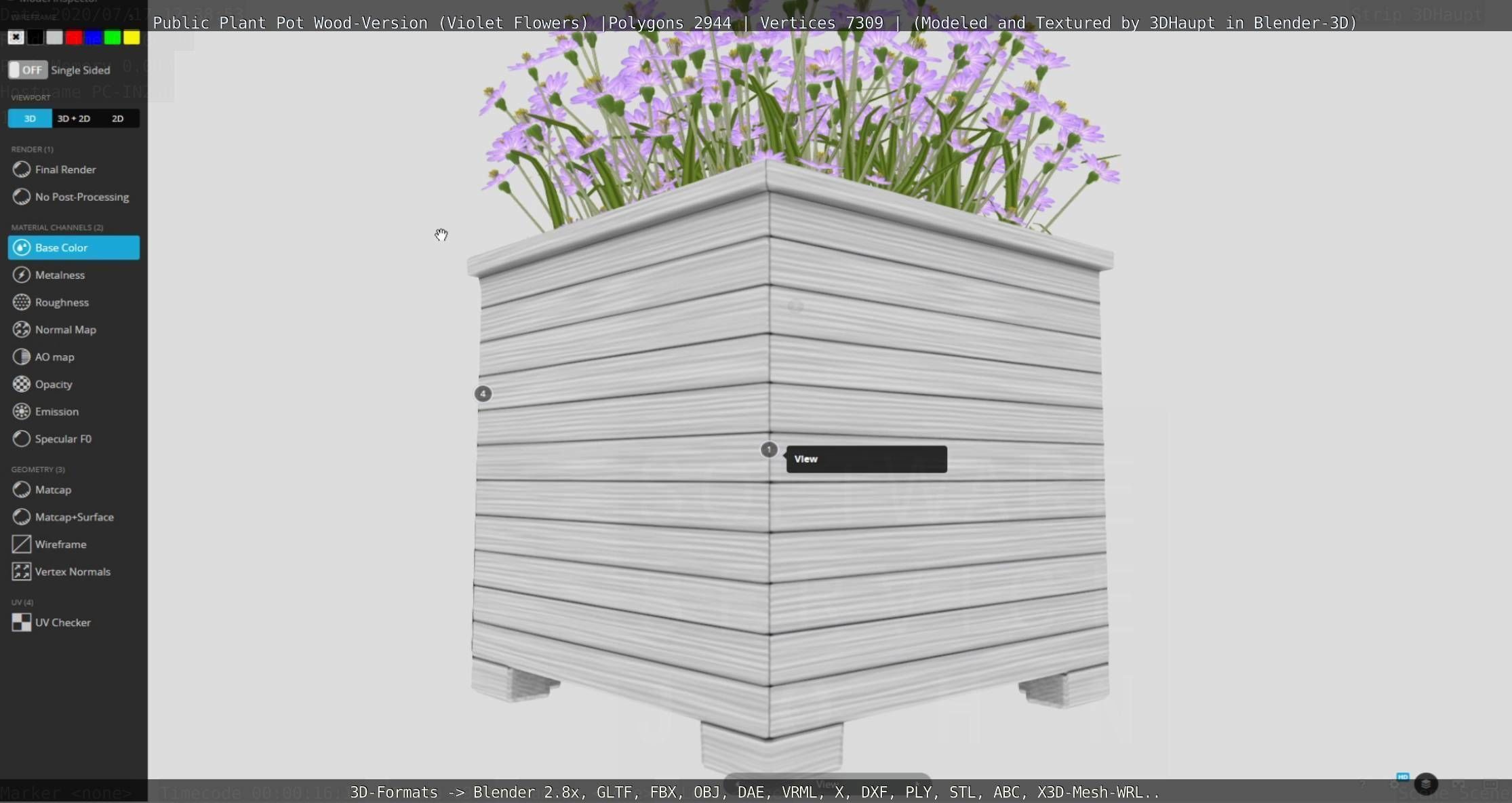 Public Plant Pot Wood-Version with Violet Flowers Low-poly 3D model_117