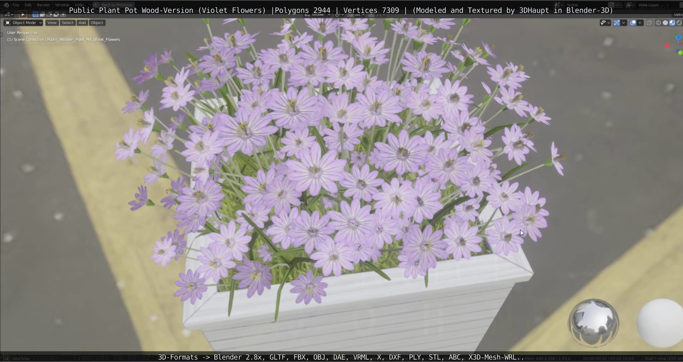 Public Plant Pot Wood-Version with Violet Flowers Low-poly 3D model_5