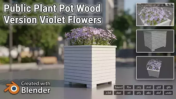 Public Plant Pot Wood-Version with Violet Flowers 