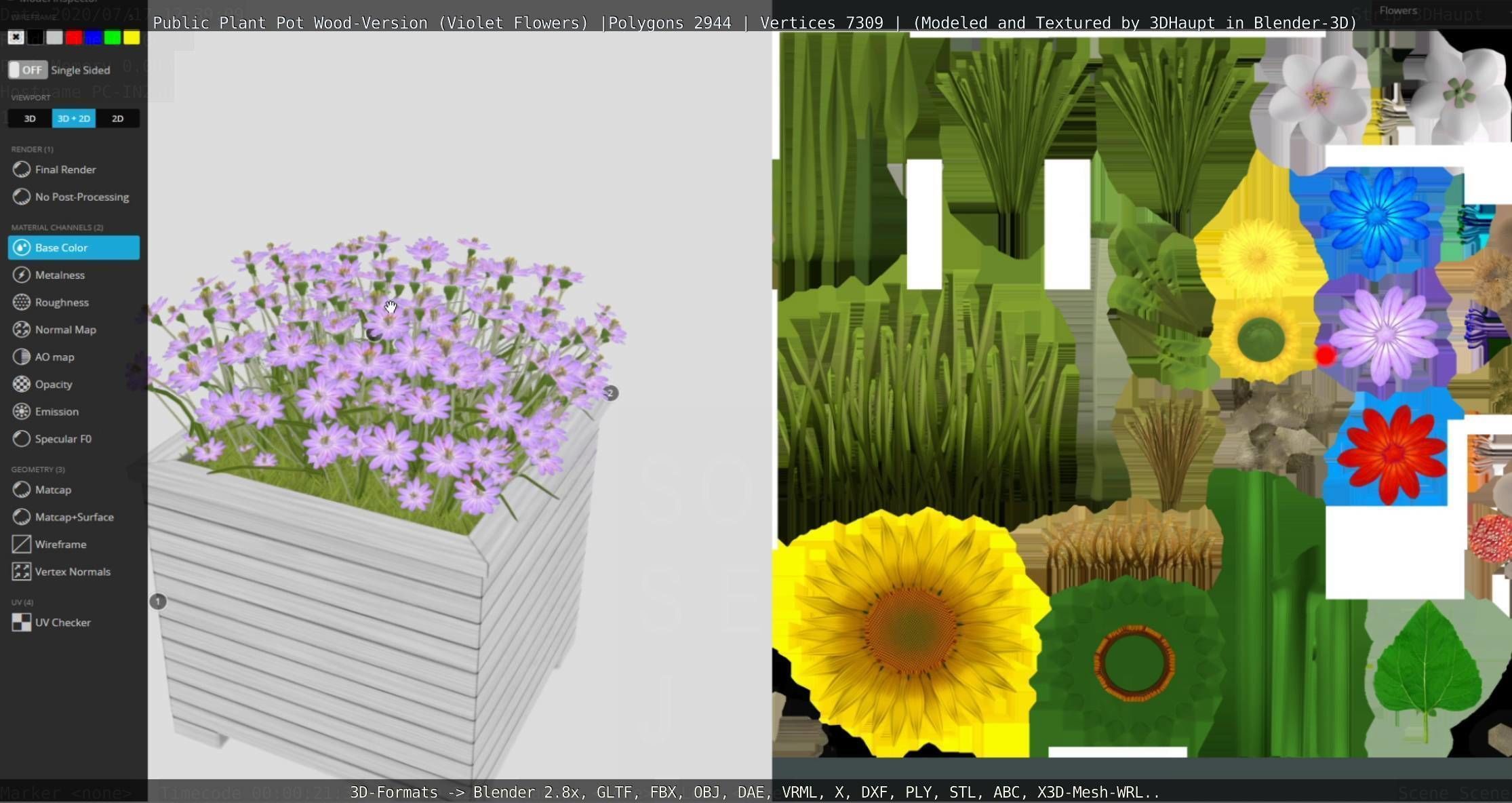 Public Plant Pot Wood-Version with Violet Flowers Low-poly 3D model_33