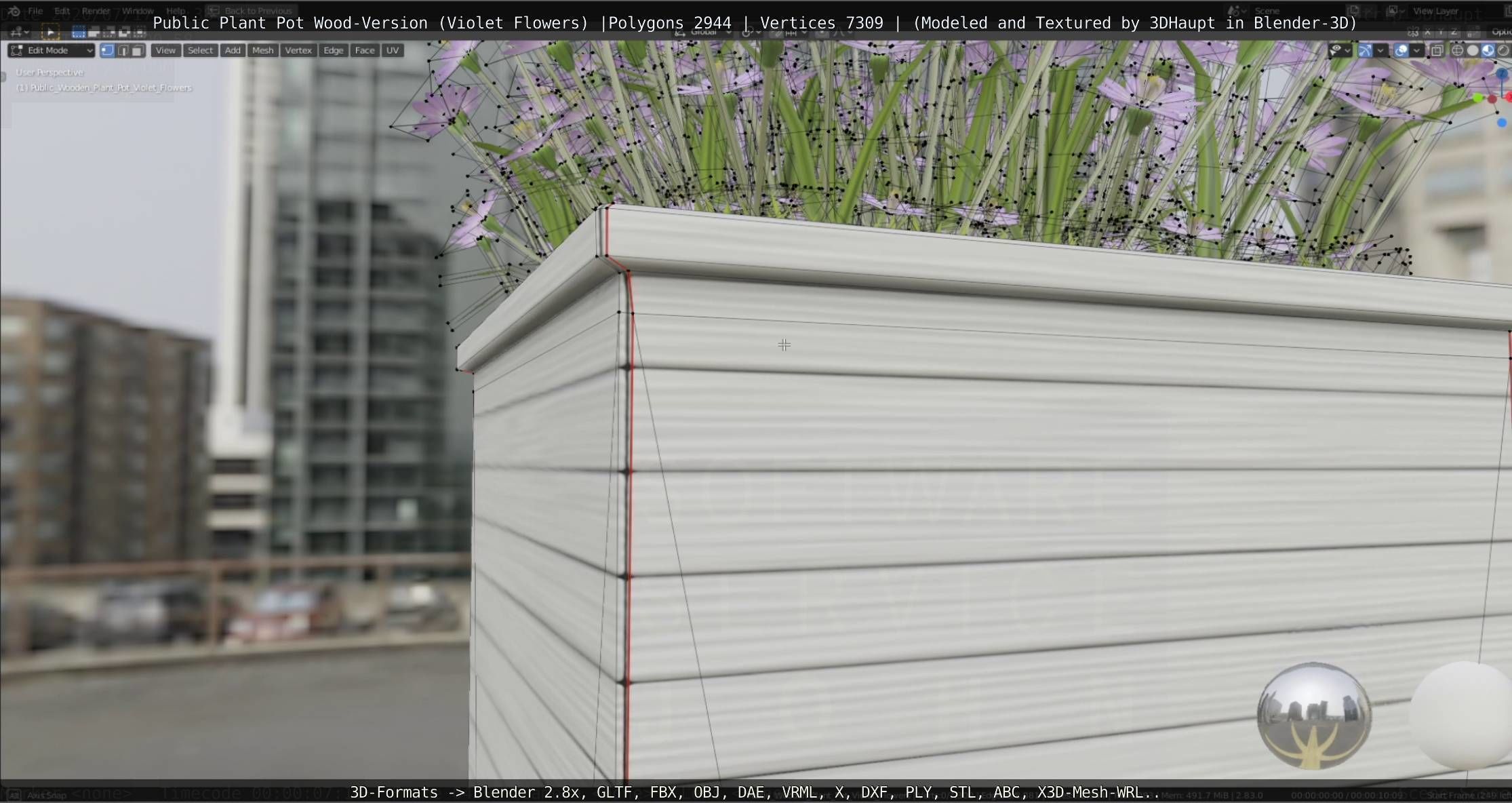 Public Plant Pot Wood-Version with Violet Flowers Low-poly 3D model_62