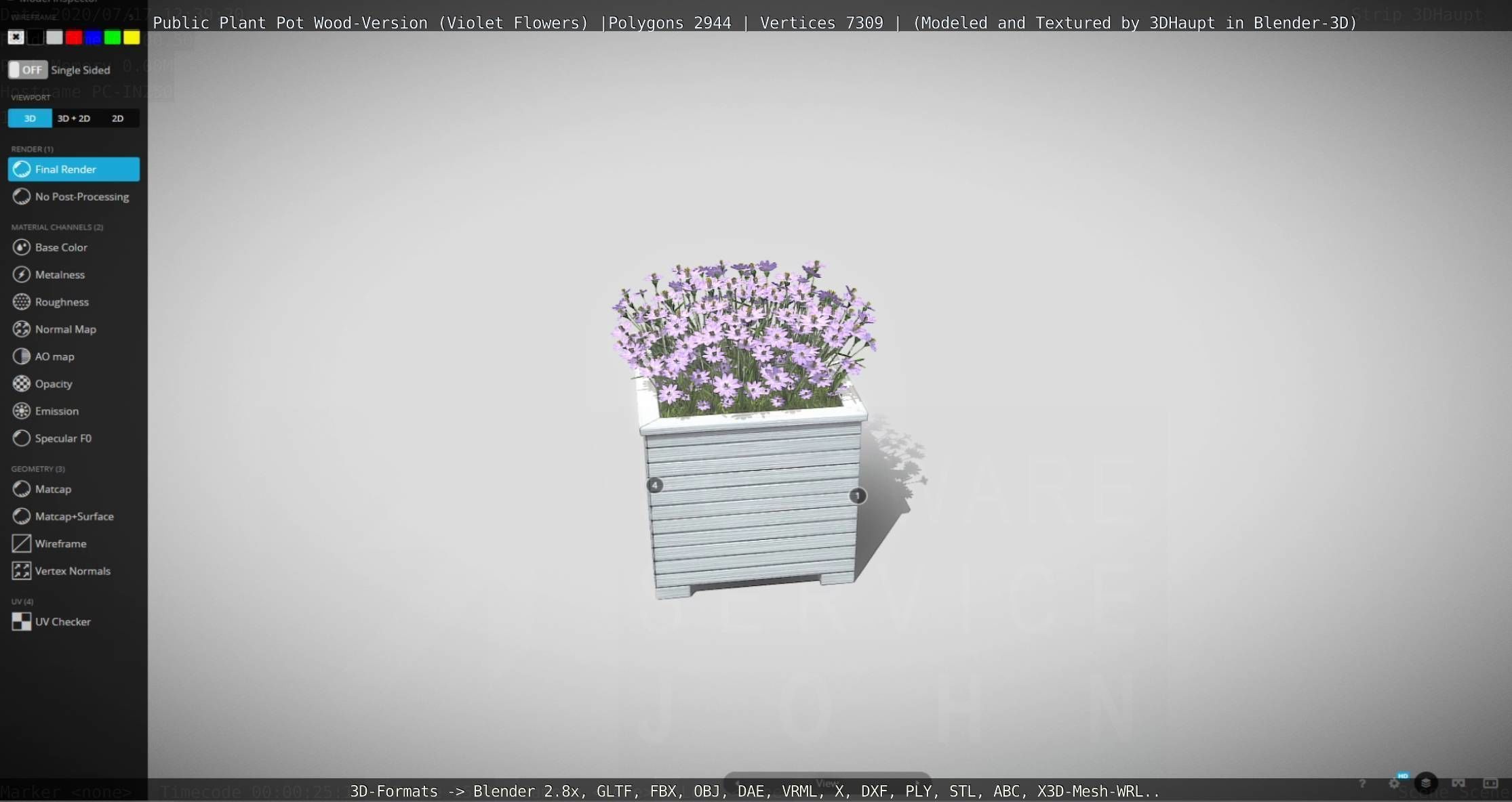 Public Plant Pot Wood-Version with Violet Flowers Low-poly 3D model_44