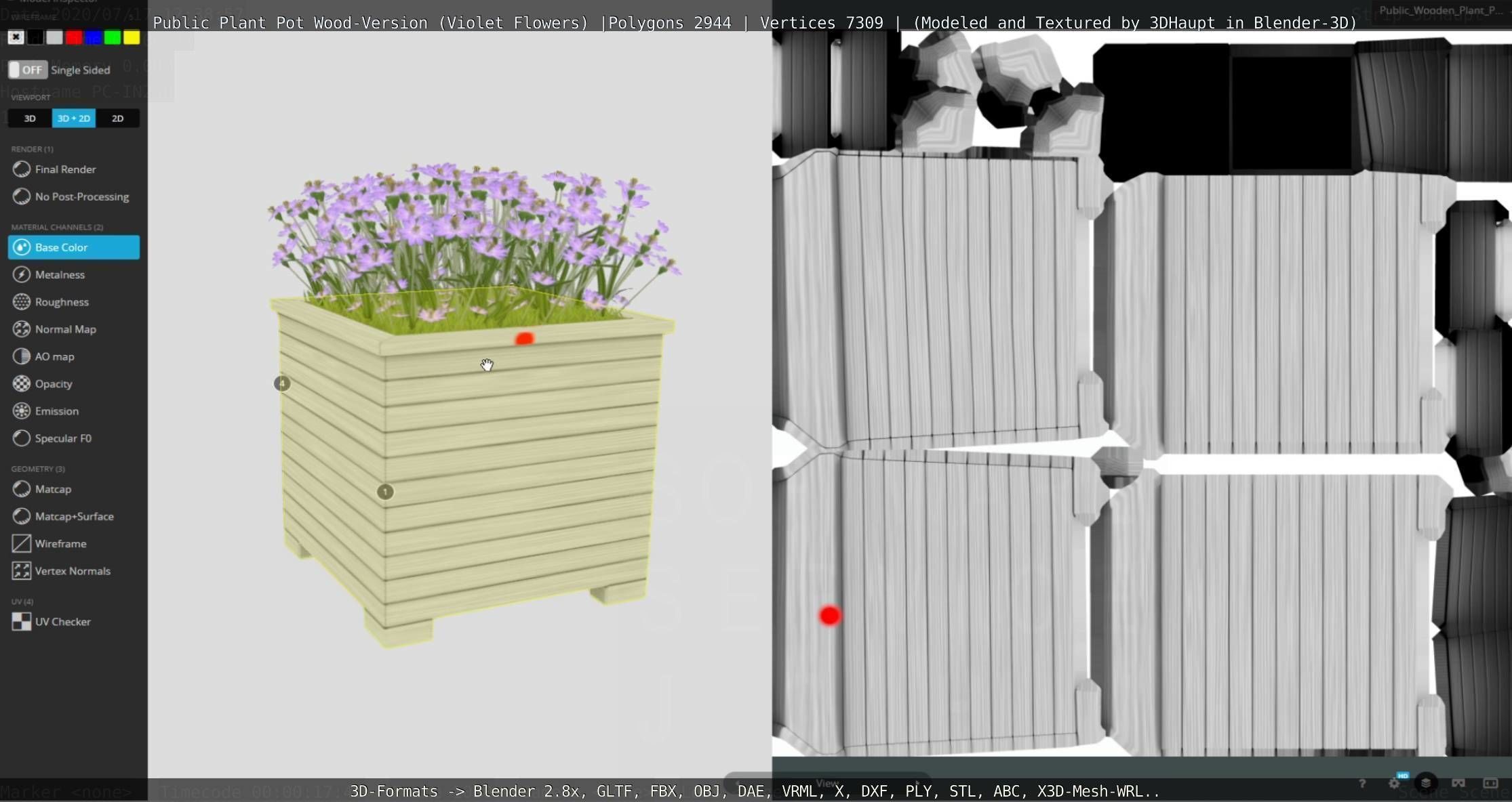 Public Plant Pot Wood-Version with Violet Flowers Low-poly 3D model_51