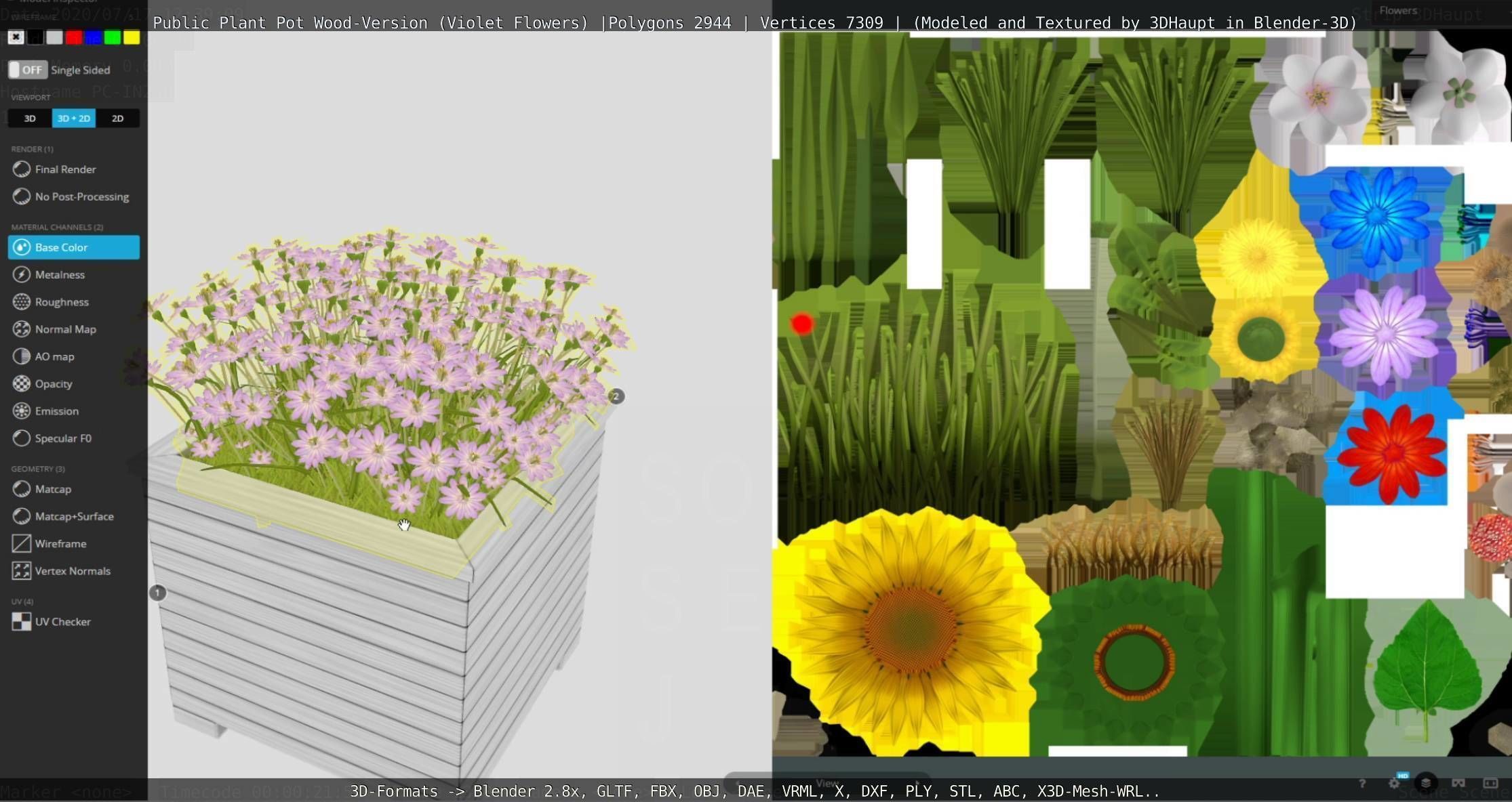 Public Plant Pot Wood-Version with Violet Flowers Low-poly 3D model_40