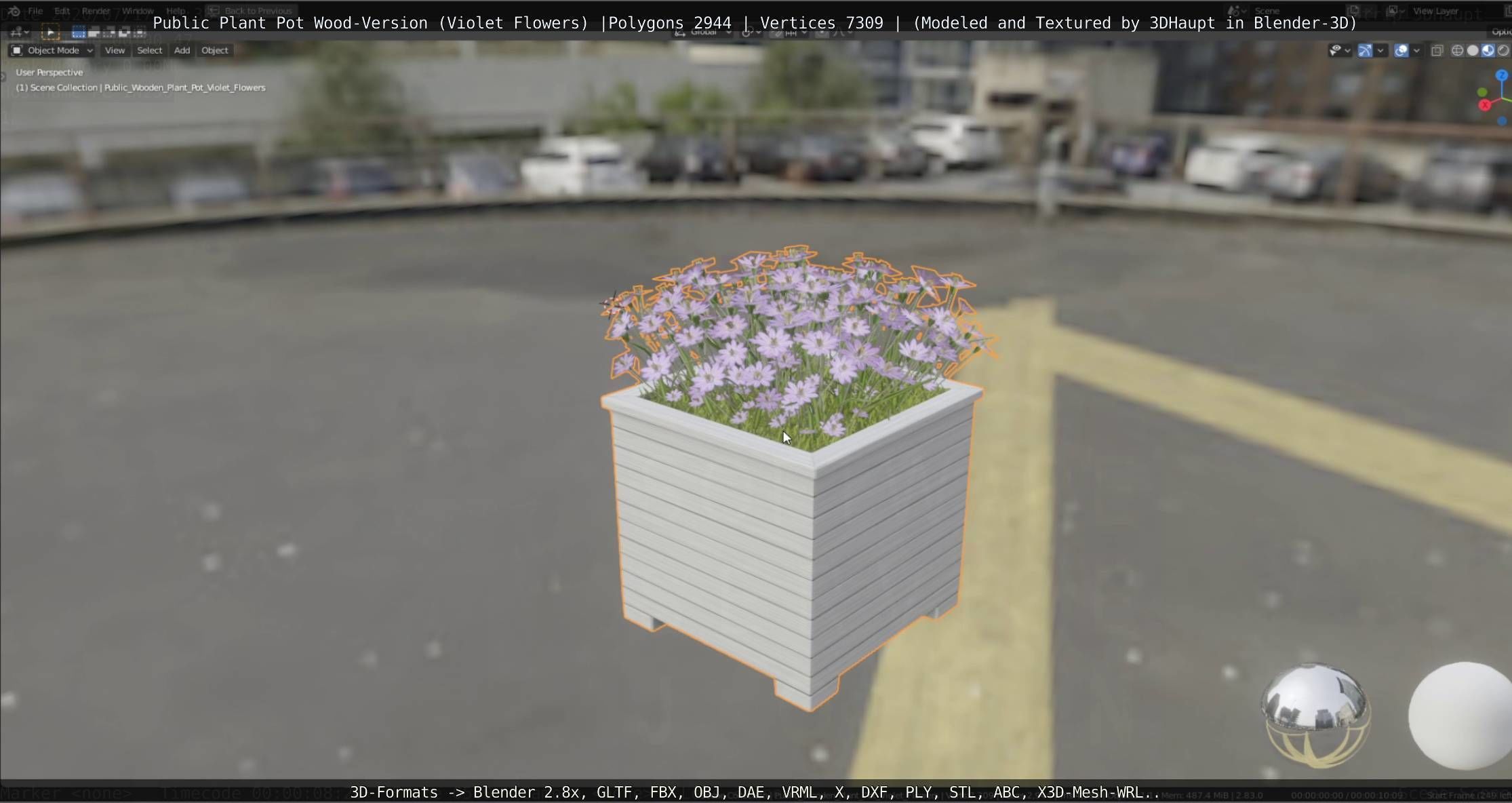 Public Plant Pot Wood-Version with Violet Flowers Low-poly 3D model_70