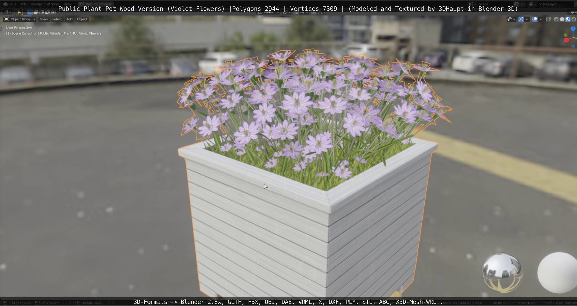 Public Plant Pot Wood-Version with Violet Flowers Low-poly 3D model_69