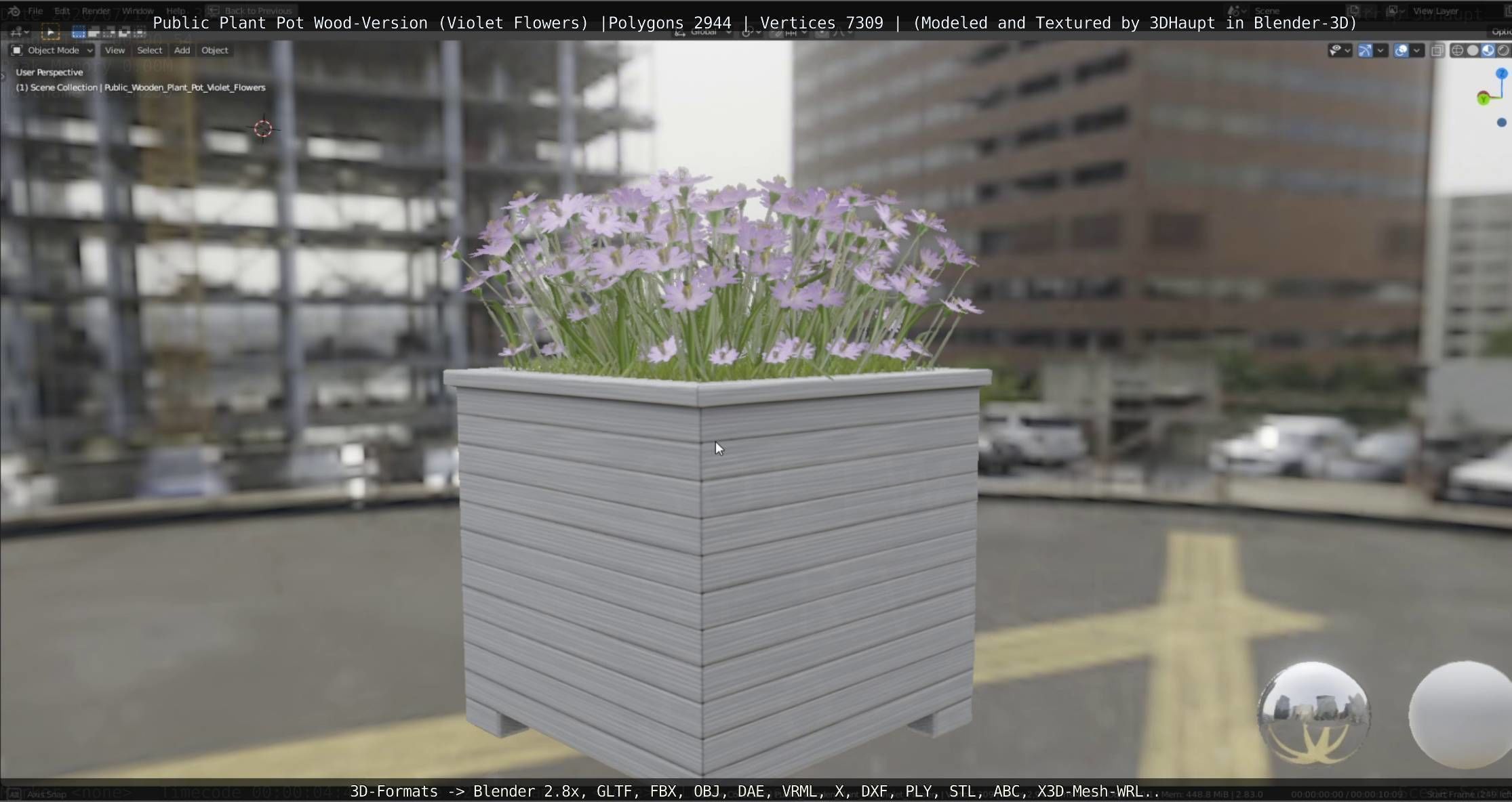 Public Plant Pot Wood-Version with Violet Flowers Low-poly 3D model_16