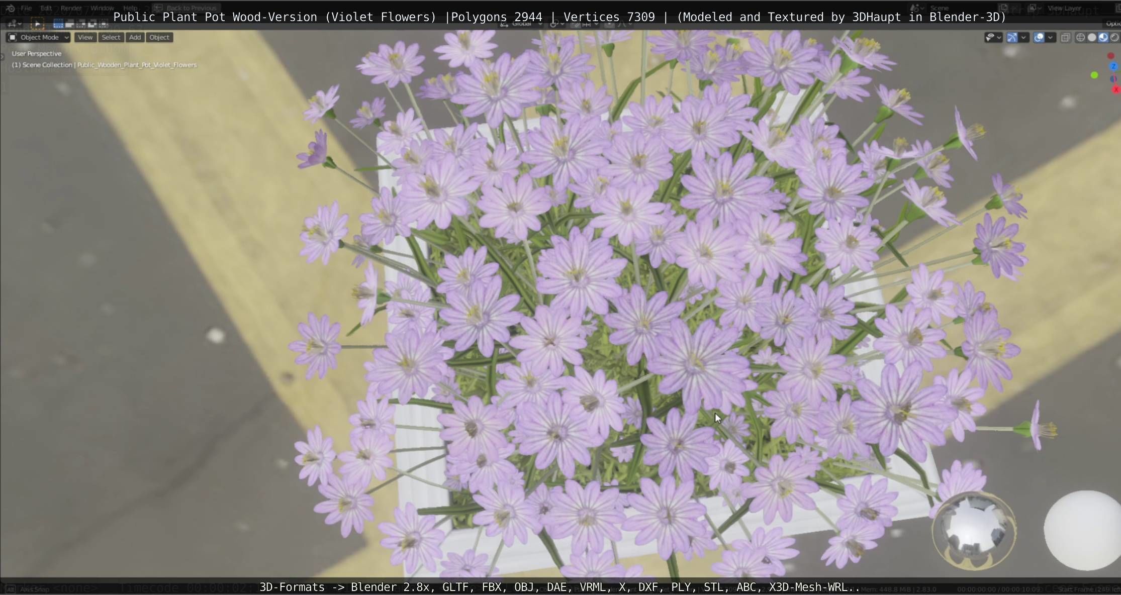 Public Plant Pot Wood-Version with Violet Flowers Low-poly 3D model_52