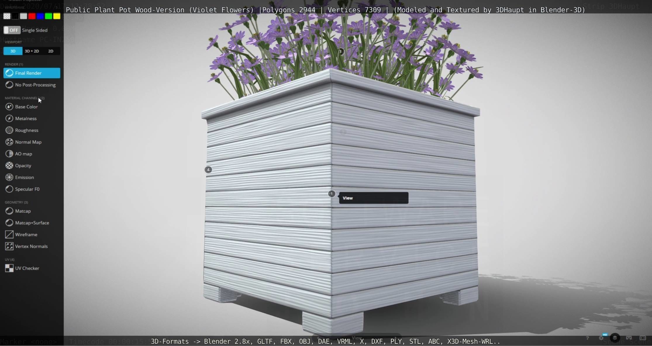 Public Plant Pot Wood-Version with Violet Flowers Low-poly 3D model_115