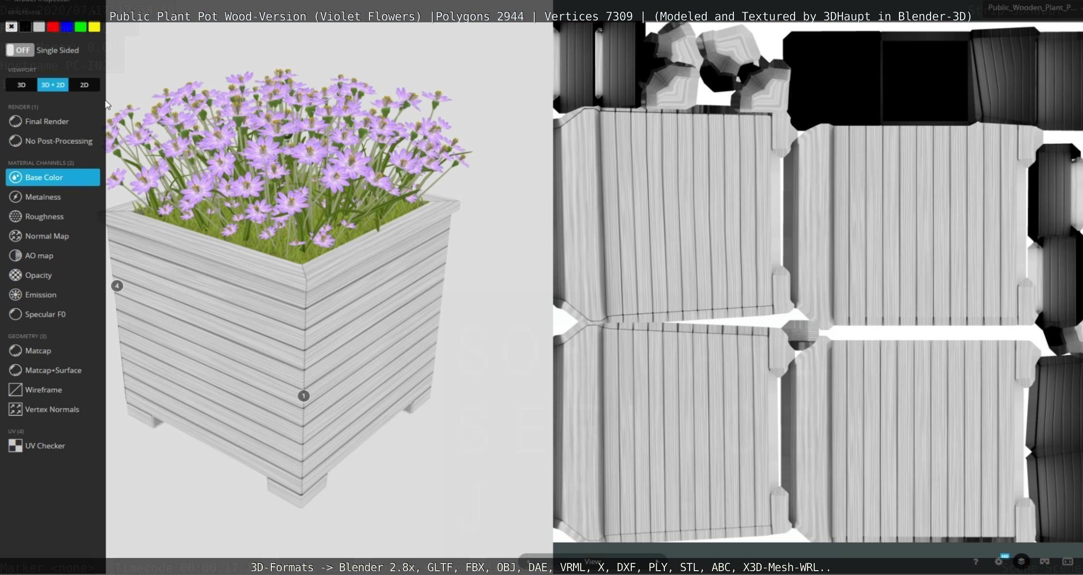 Public Plant Pot Wood-Version with Violet Flowers Low-poly 3D model_123