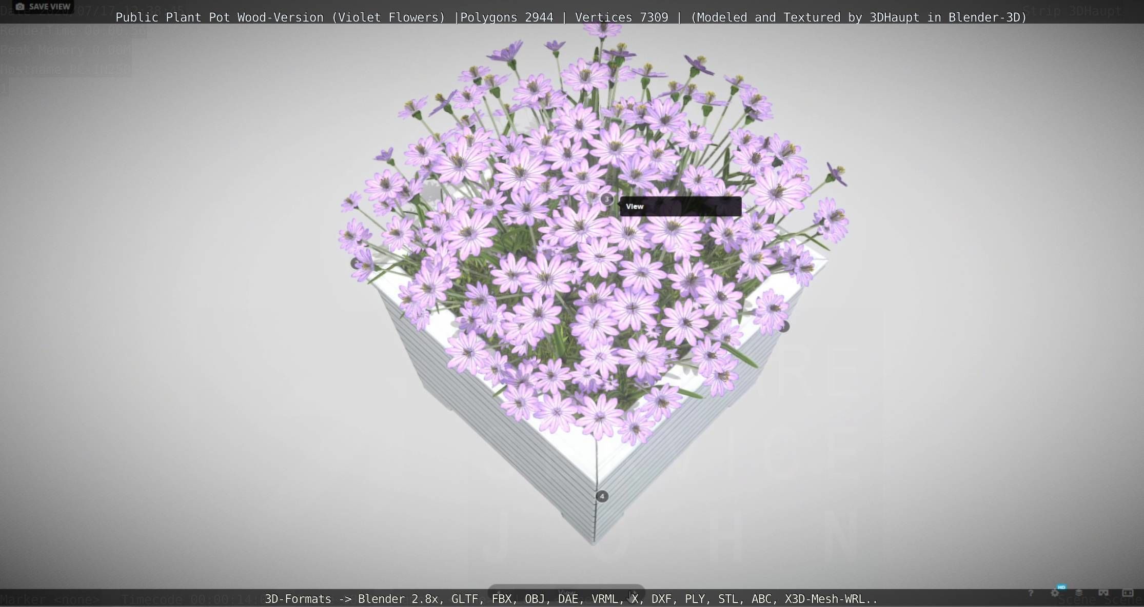 Public Plant Pot Wood-Version with Violet Flowers Low-poly 3D model_104