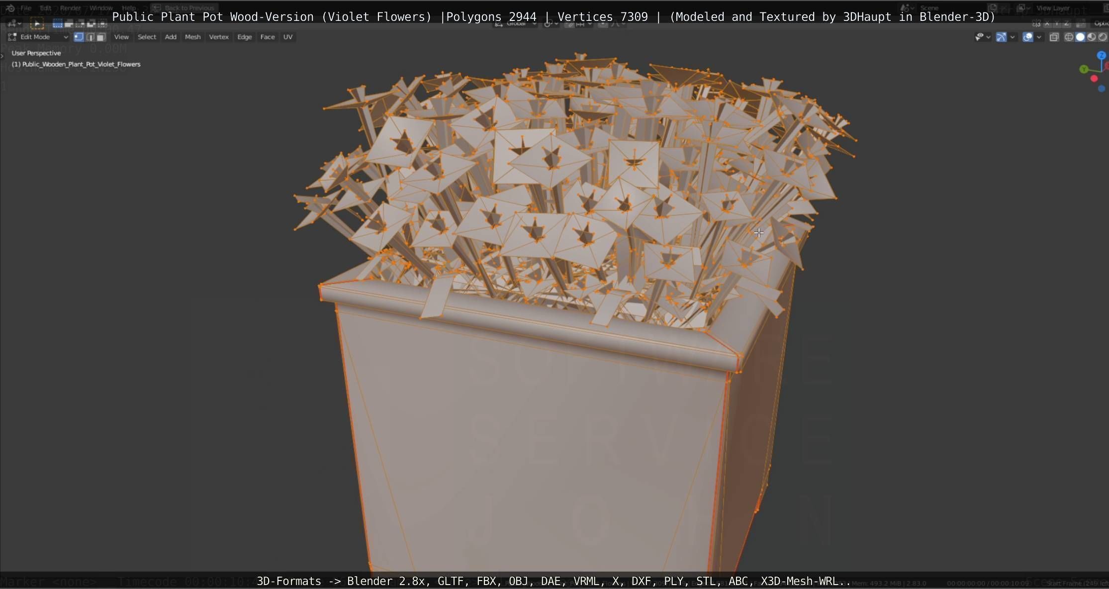 Public Plant Pot Wood-Version with Violet Flowers Low-poly 3D model_84