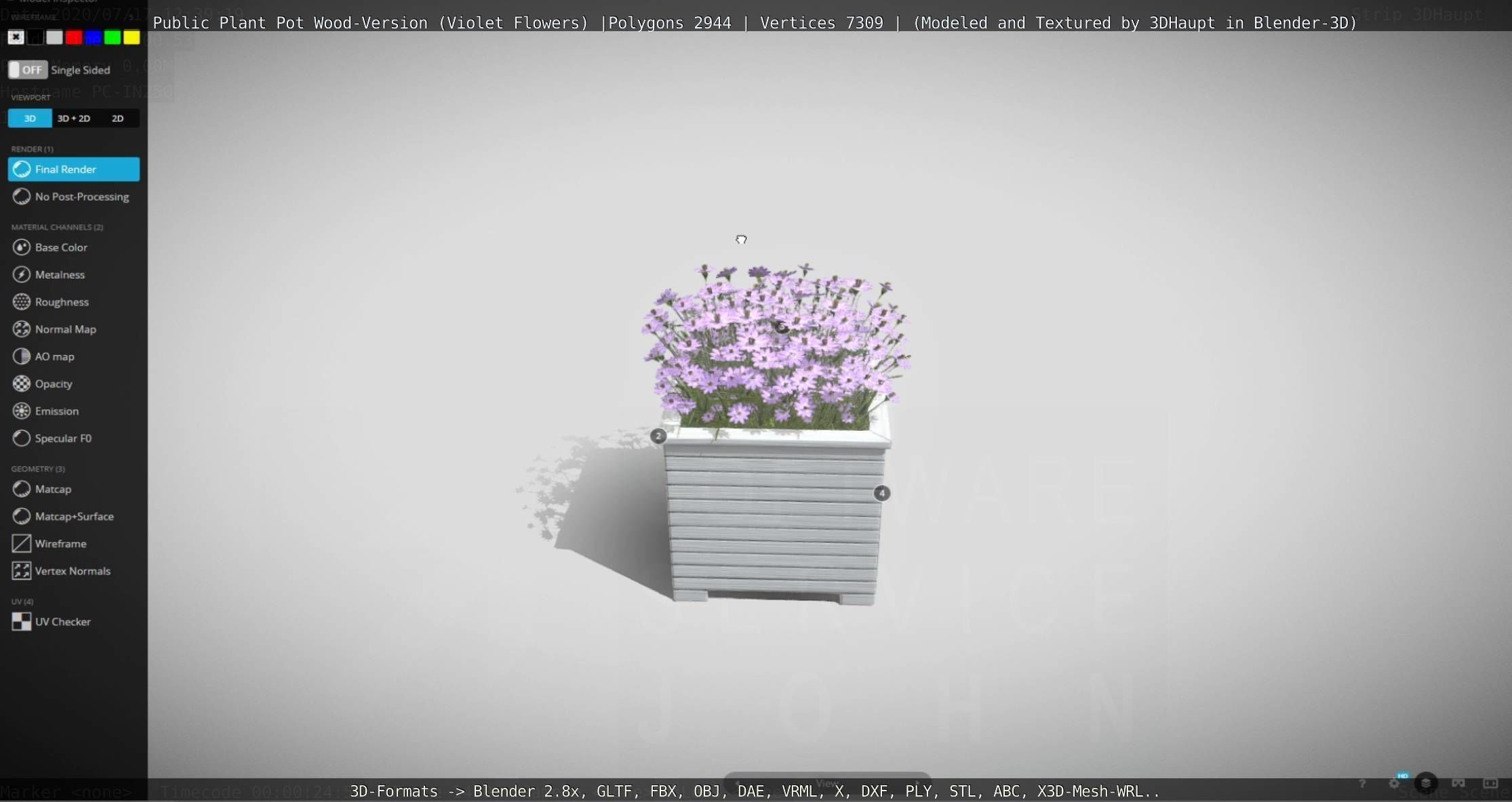 Public Plant Pot Wood-Version with Violet Flowers Low-poly 3D model_43